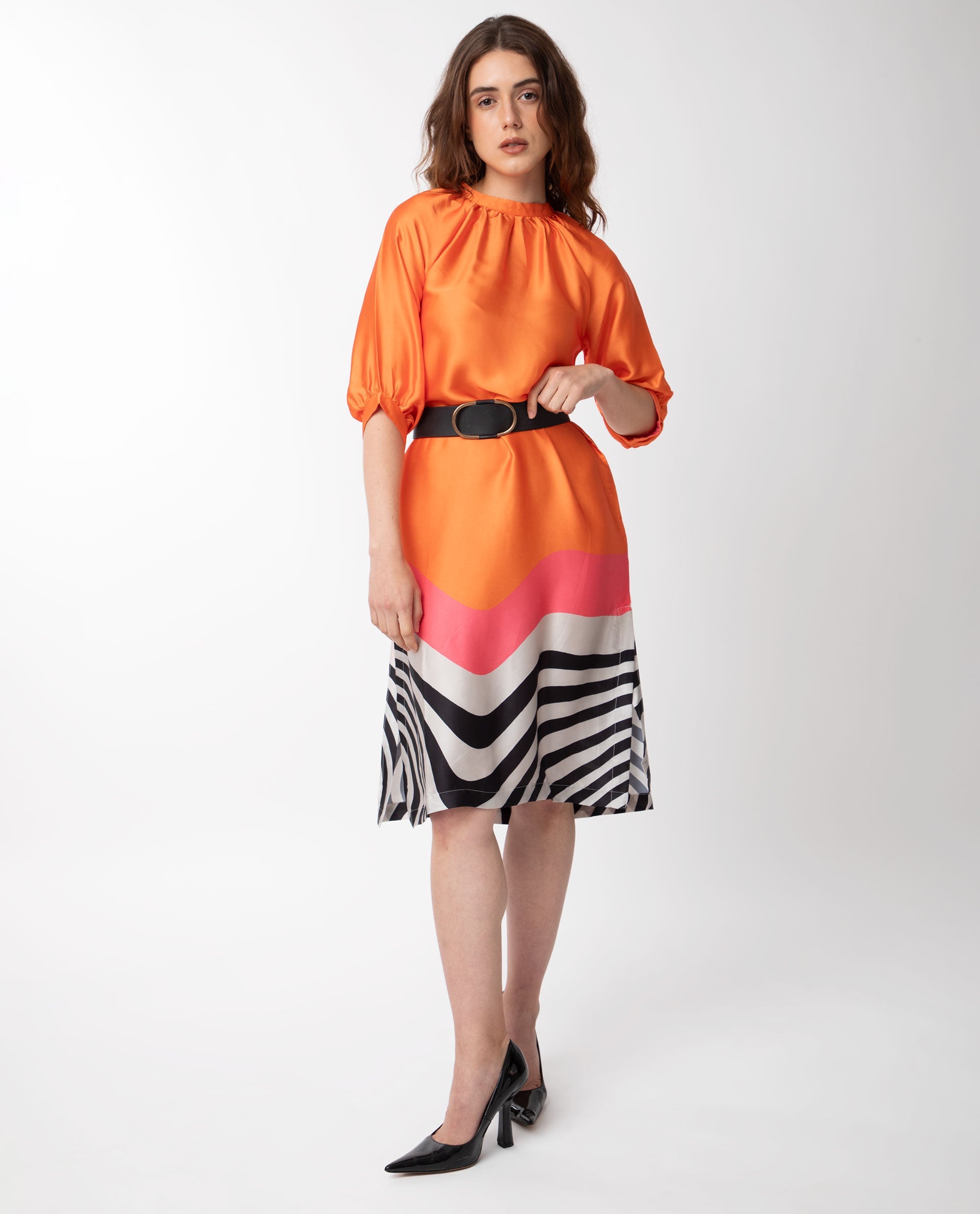 Rareism Women Waldsa Orange Cotton Fabric Short Sleeves High Neck Raglan Sleeve Regular Fit Abstract Print Midi A-Line Dress