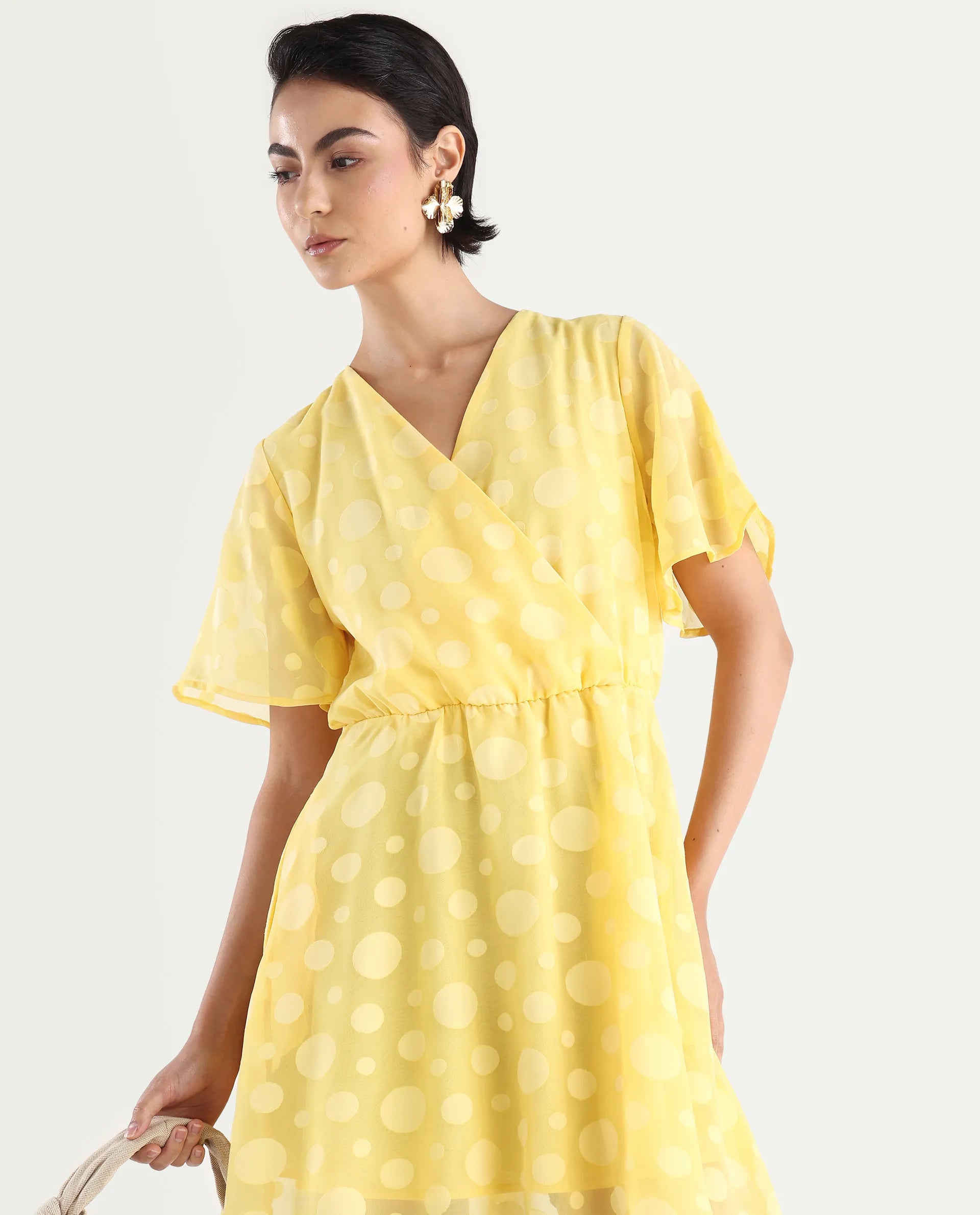 Rareism Women's Wallant Yellow Polyester Blend Key Hole Neck Polka Print Mini Fit And Flare Dress
