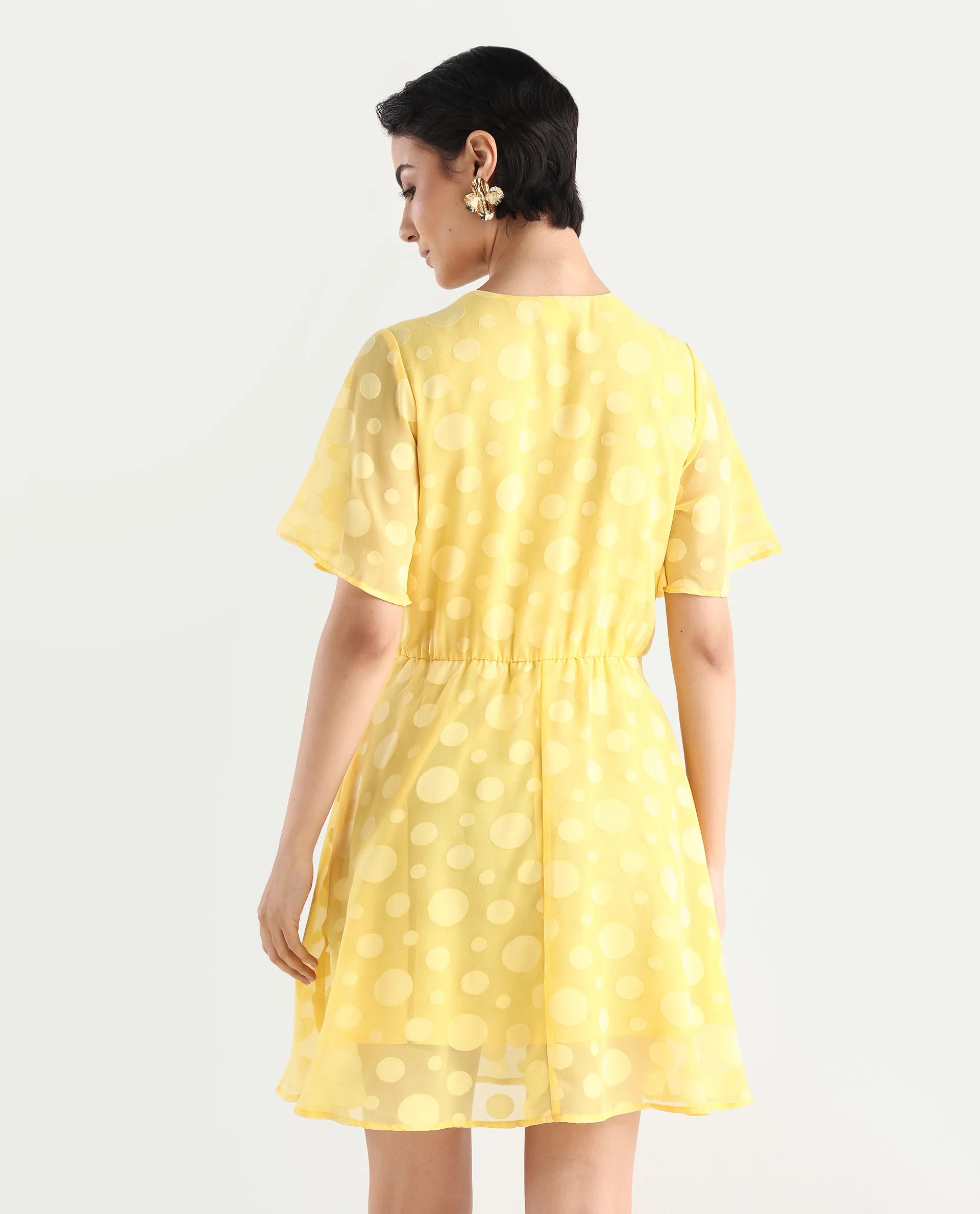 Rareism Women's Wallant Yellow Polyester Blend Key Hole Neck Polka Print Mini Fit And Flare Dress