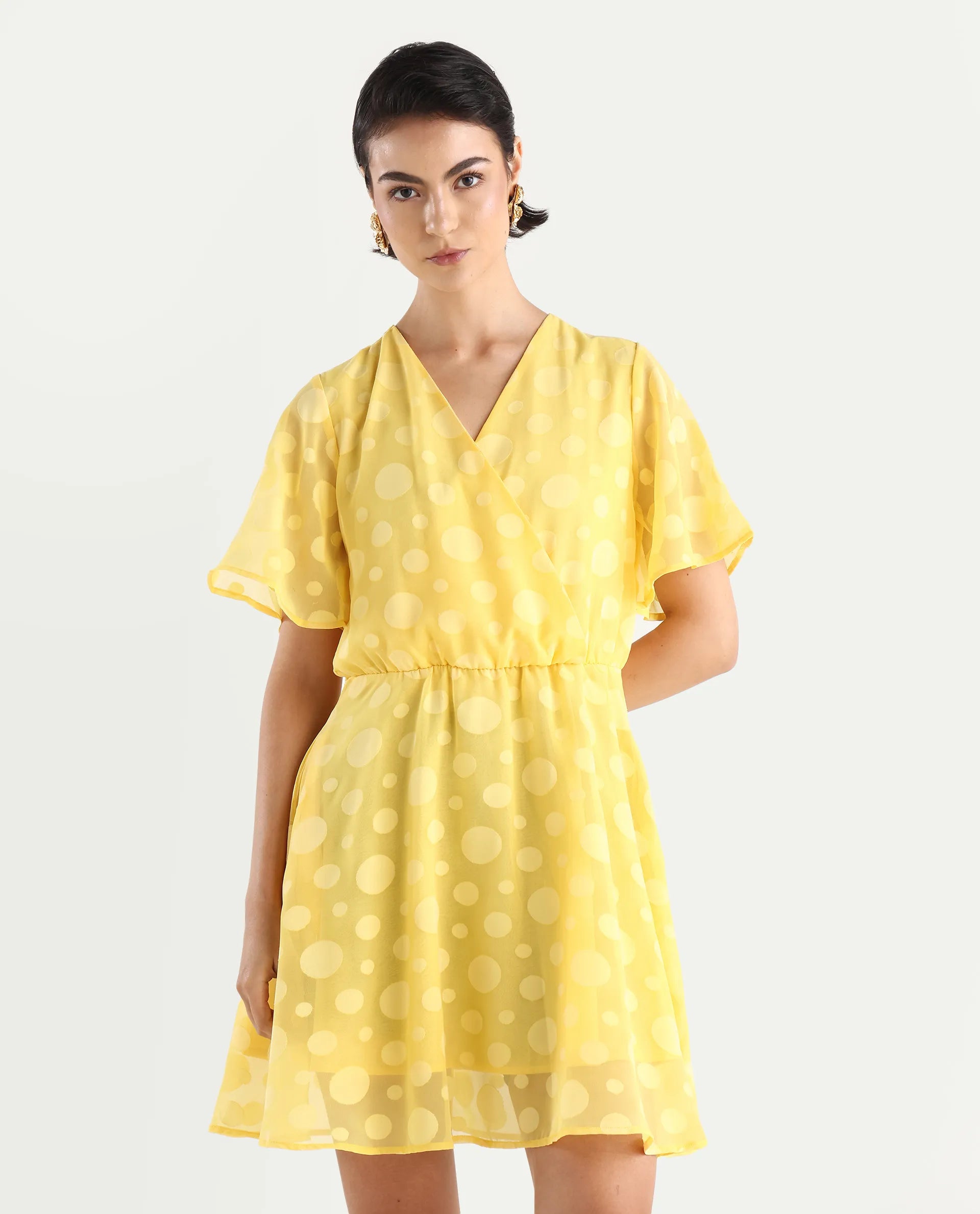 Rareism Women's Wallant Yellow Polyester Blend Key Hole Neck Polka Print Mini Fit And Flare Dress