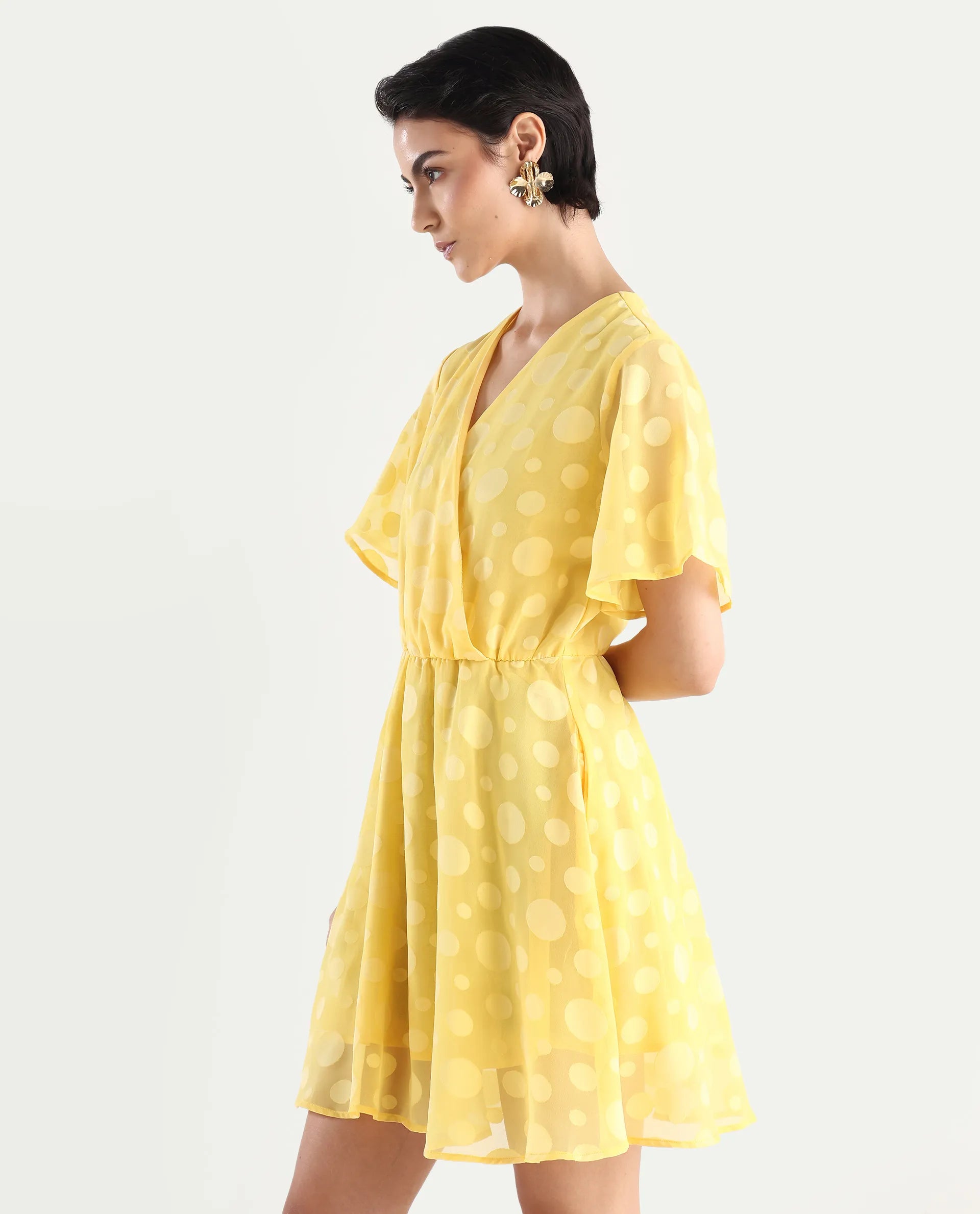 Rareism Women's Wallant Yellow Polyester Blend Key Hole Neck Polka Print Mini Fit And Flare Dress