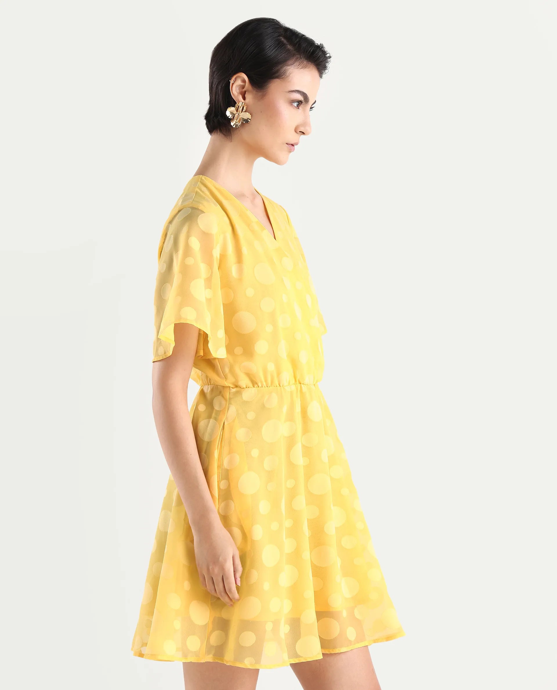 Rareism Women's Wallant Yellow Polyester Blend Key Hole Neck Polka Print Mini Fit And Flare Dress