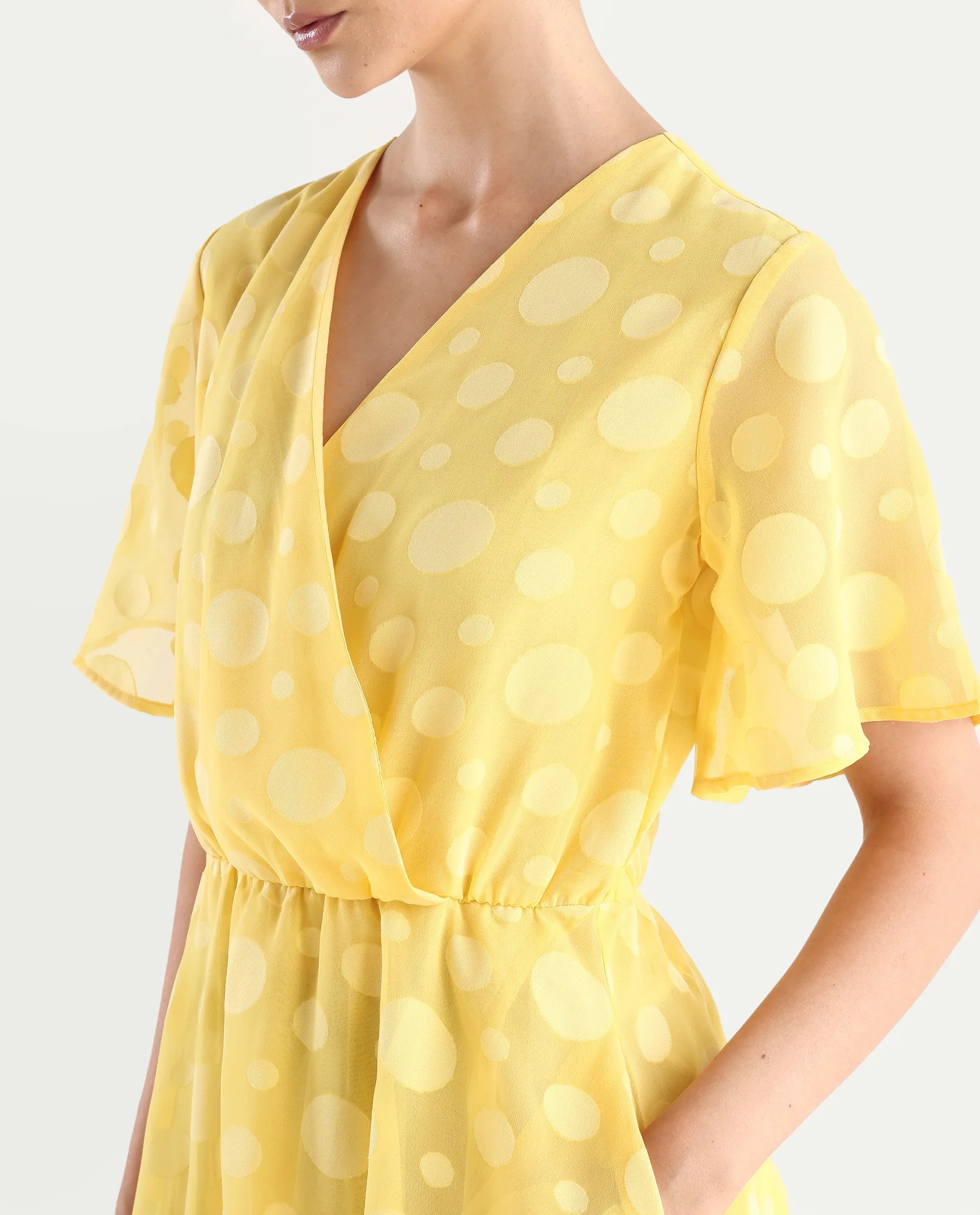 Rareism Women's Wallant Yellow Polyester Blend Key Hole Neck Polka Print Mini Fit And Flare Dress