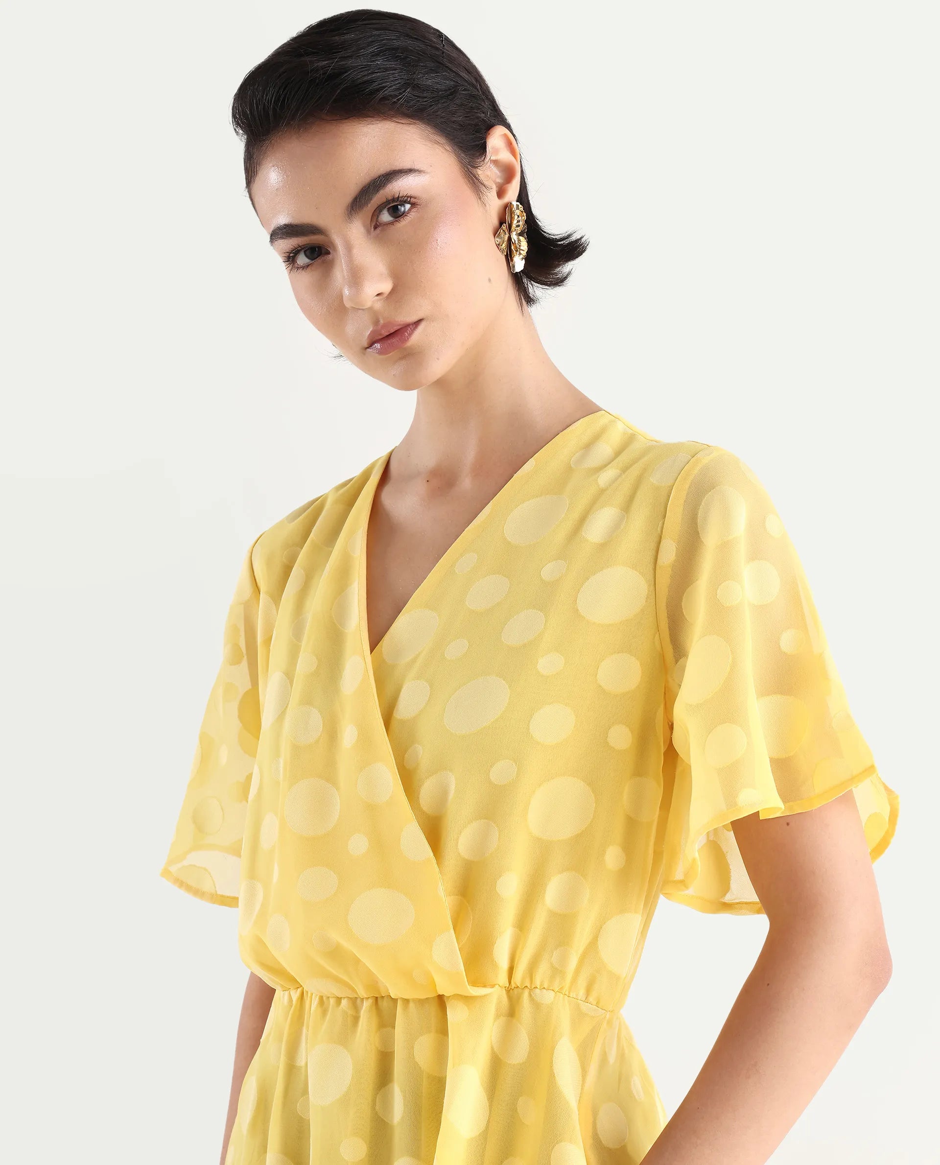 Rareism Women's Wallant Yellow Polyester Blend Key Hole Neck Polka Print Mini Fit And Flare Dress