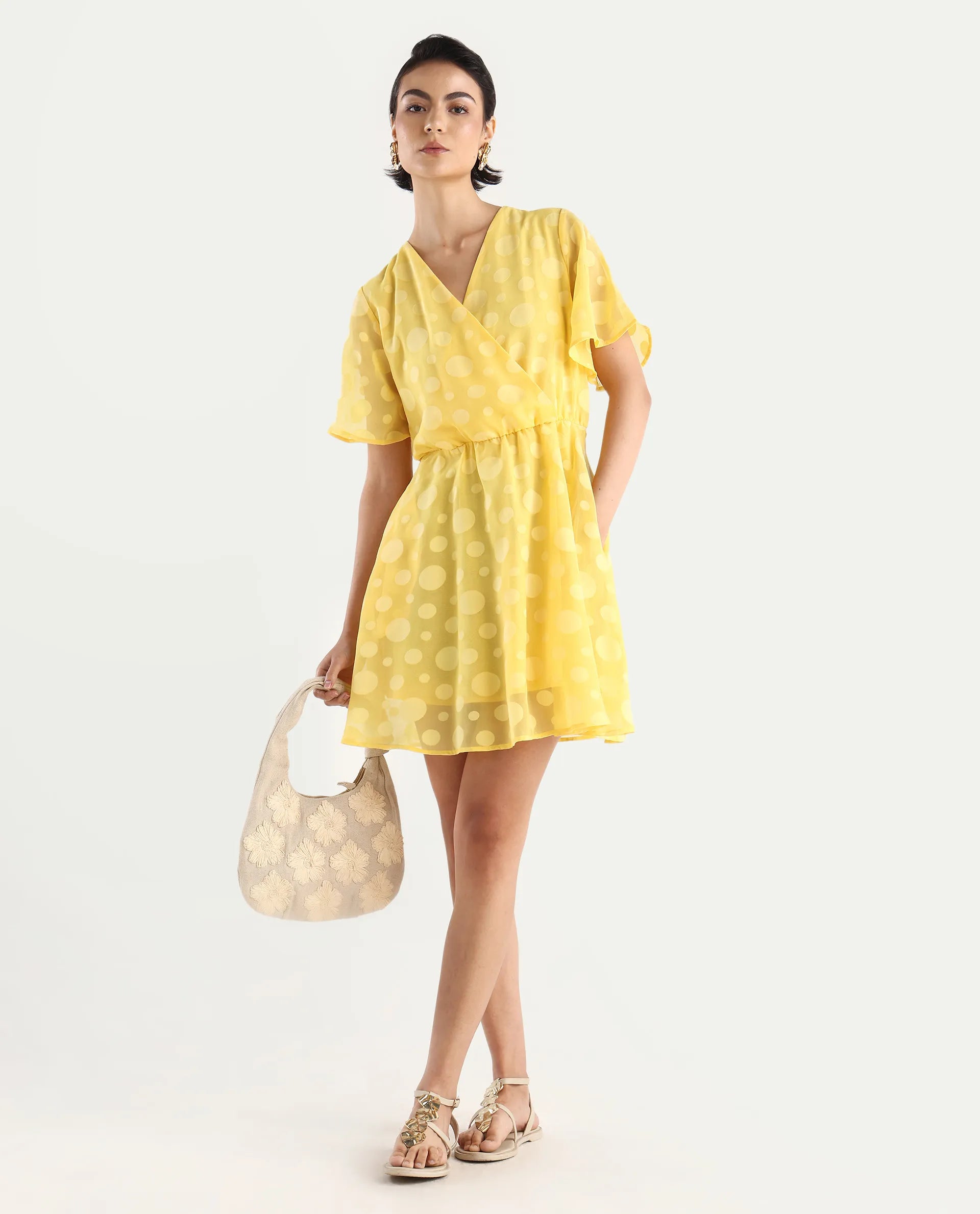 Rareism Women's Wallant Yellow Polyester Blend Key Hole Neck Polka Print Mini Fit And Flare Dress