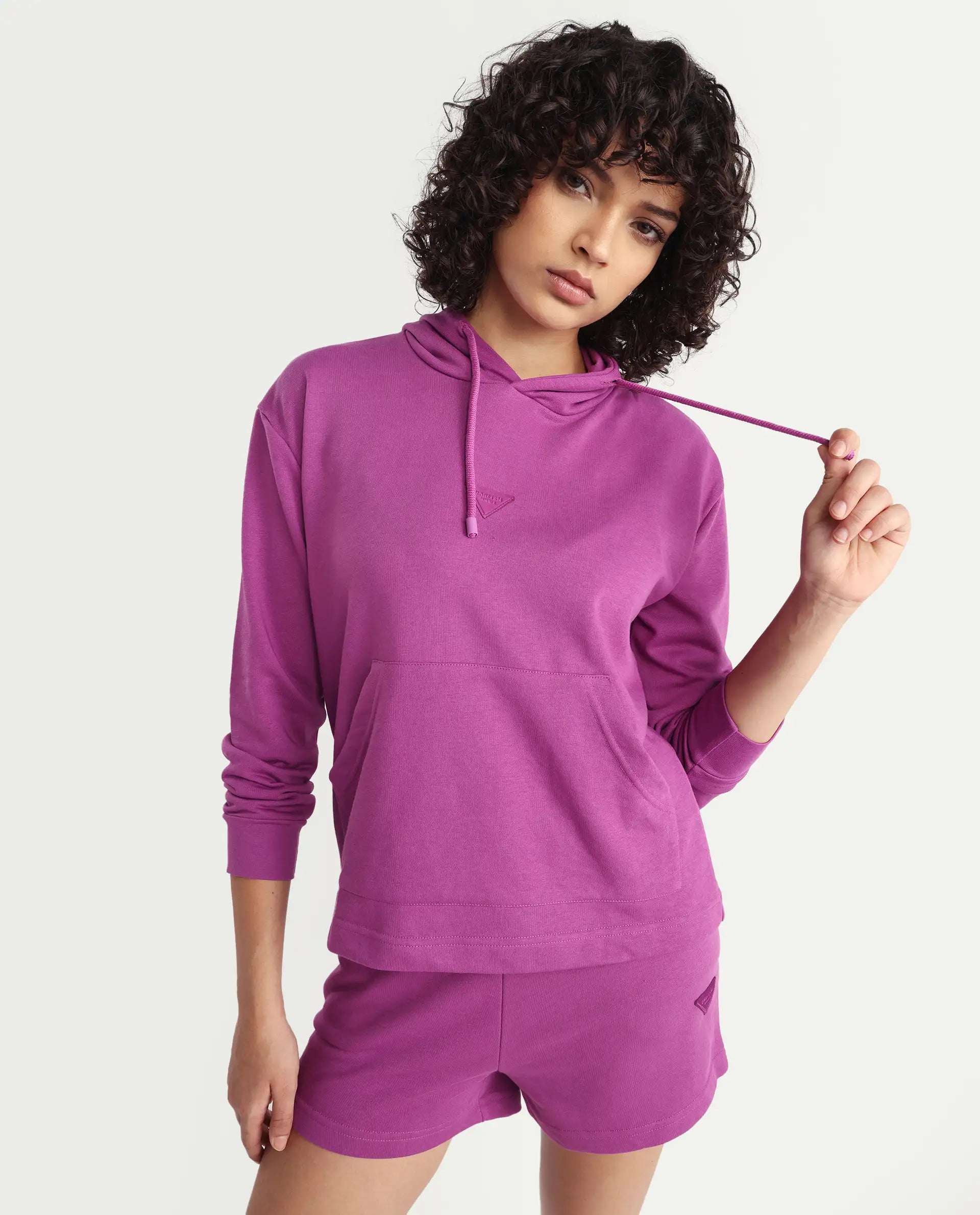 Rareism Women's Wally-1 Purple Cotton Blend Hooded Plain Relaxed Fit Sweatshirt