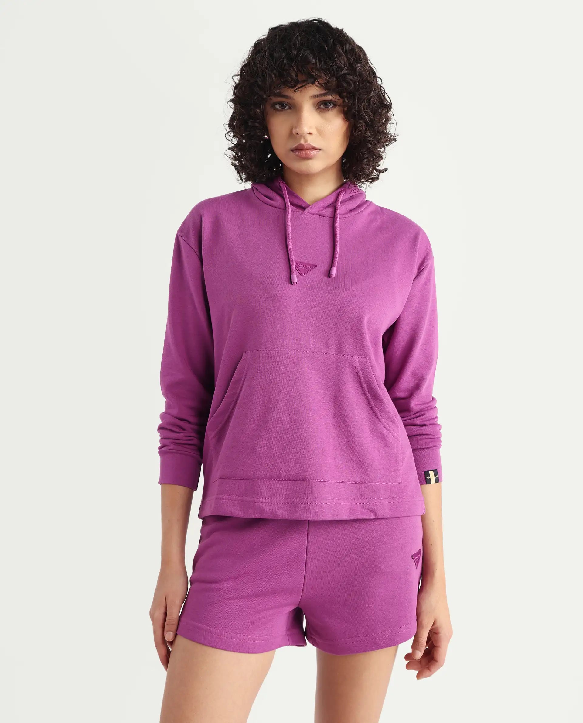 Rareism Women's Wally-1 Purple Cotton Blend Hooded Plain Relaxed Fit Sweatshirt