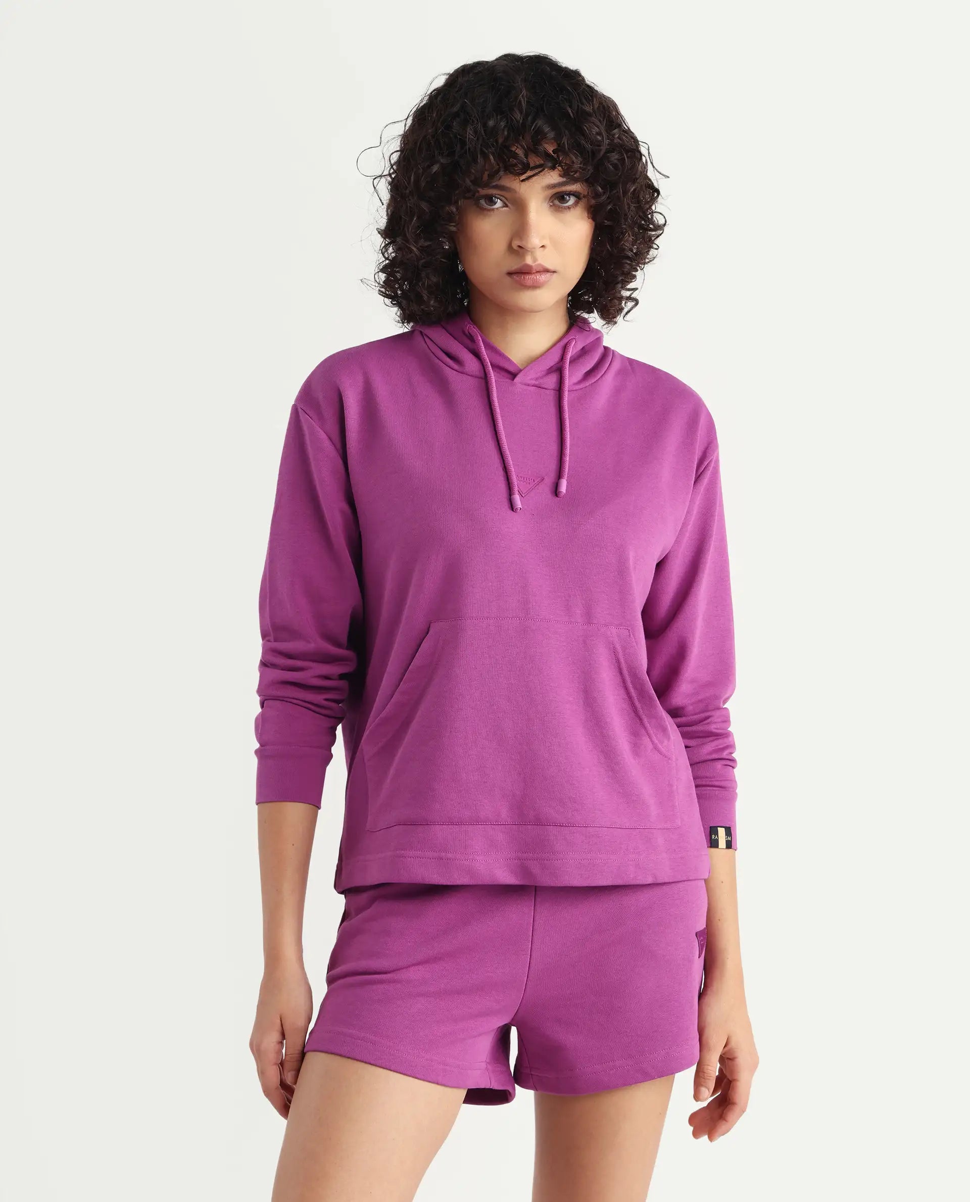 Rareism Women's Wally-1 Purple Cotton Blend Hooded Plain Relaxed Fit Sweatshirt