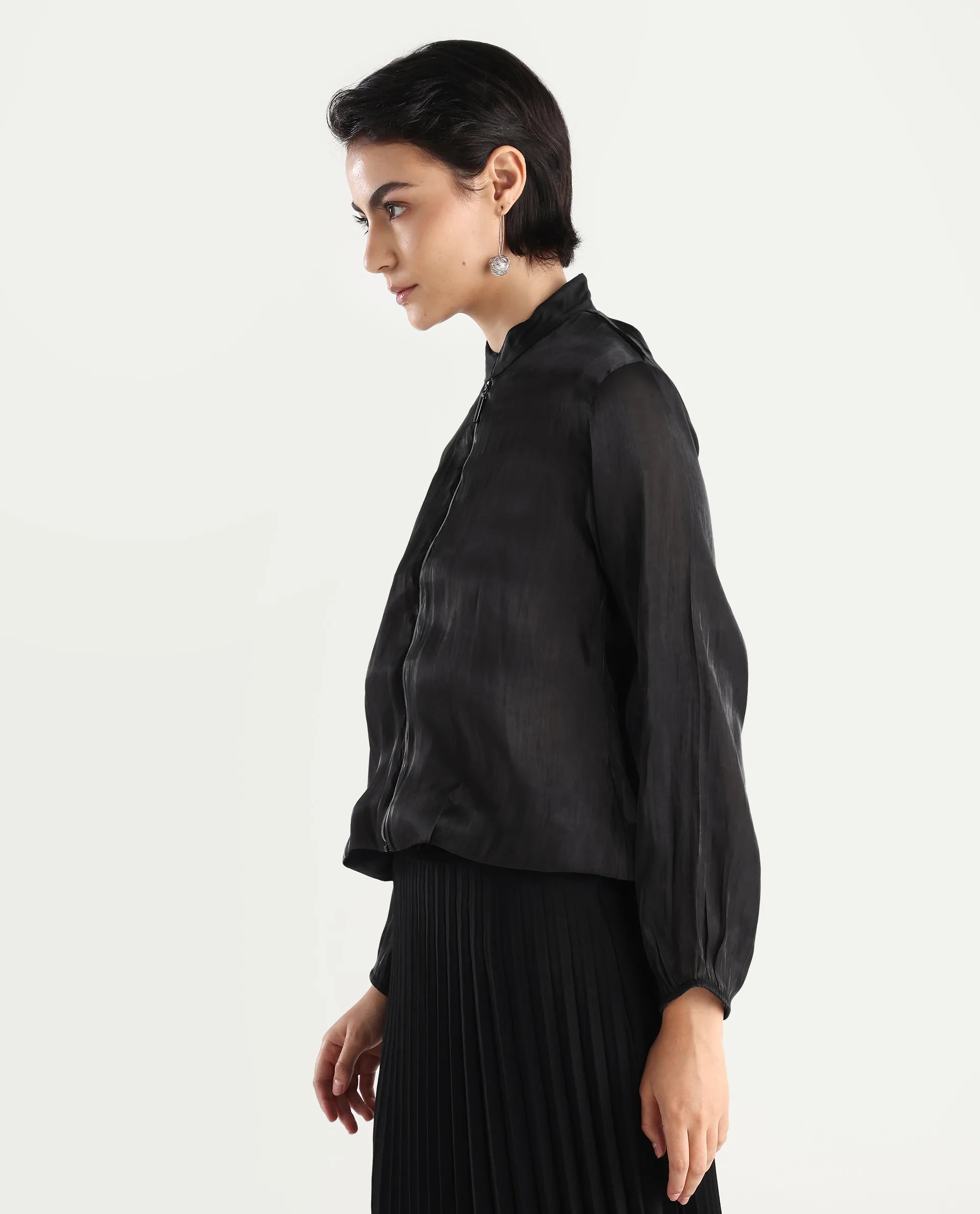 Rareism Women's Wals Black Mandarin Collar Plain Cuffed Sleeve Regular Fit Jacket