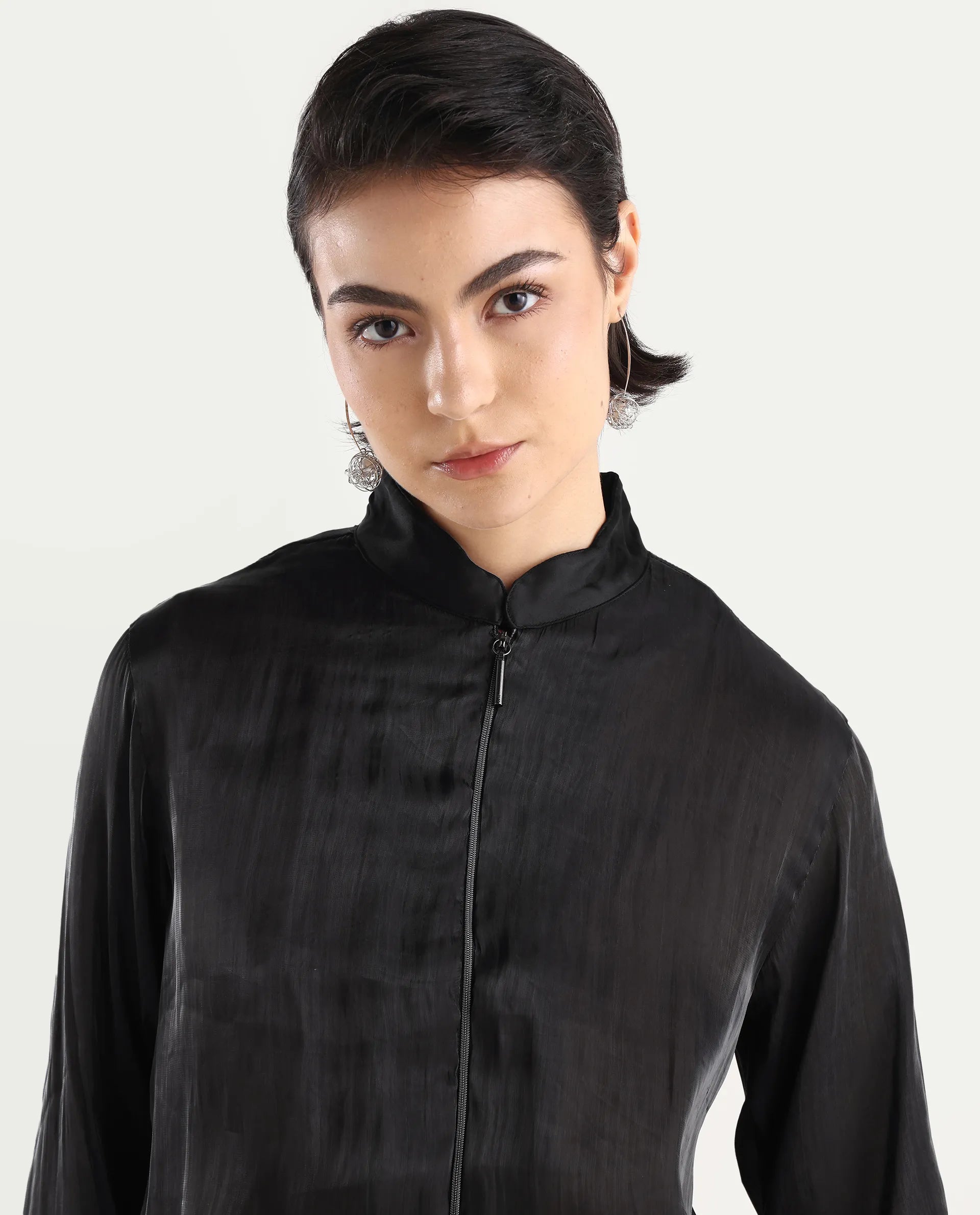 Rareism Women's Wals Black Mandarin Collar Plain Cuffed Sleeve Regular Fit Jacket