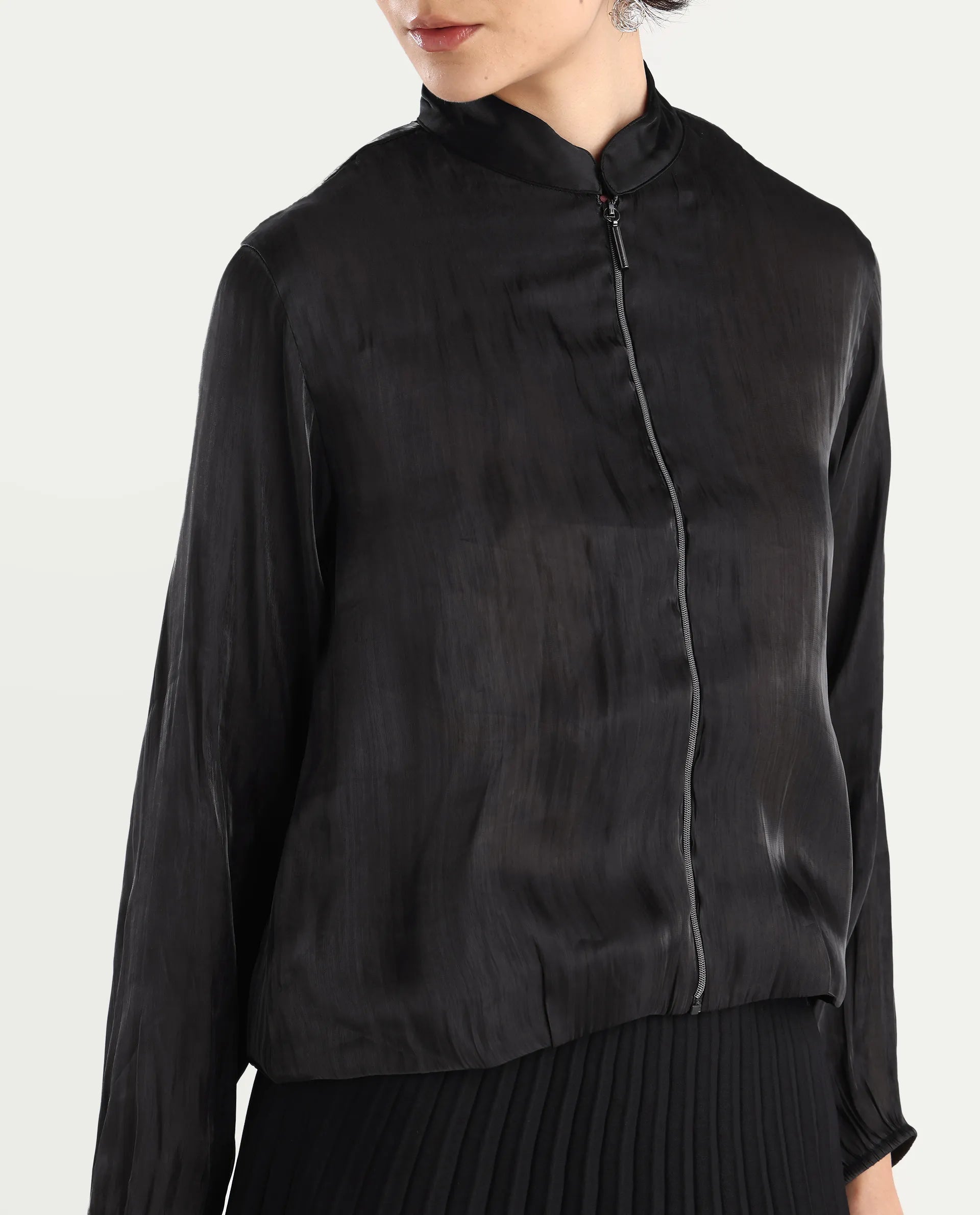 Rareism Women's Wals Black Mandarin Collar Plain Cuffed Sleeve Regular Fit Jacket