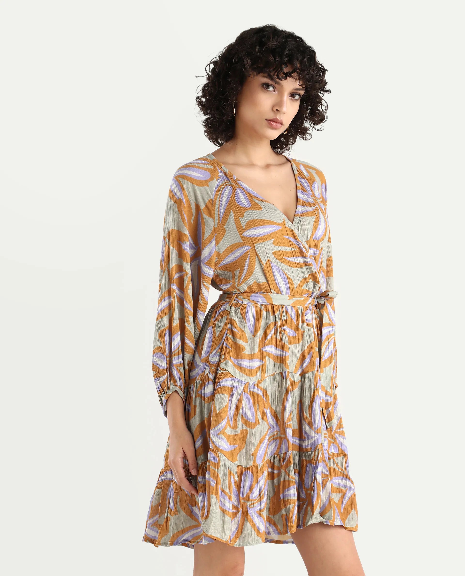 Rareism Women's Walter Light Multi Cotton Overlap Neck Abstract Print Raglan Sleeve Mini Fit And Flare Dress