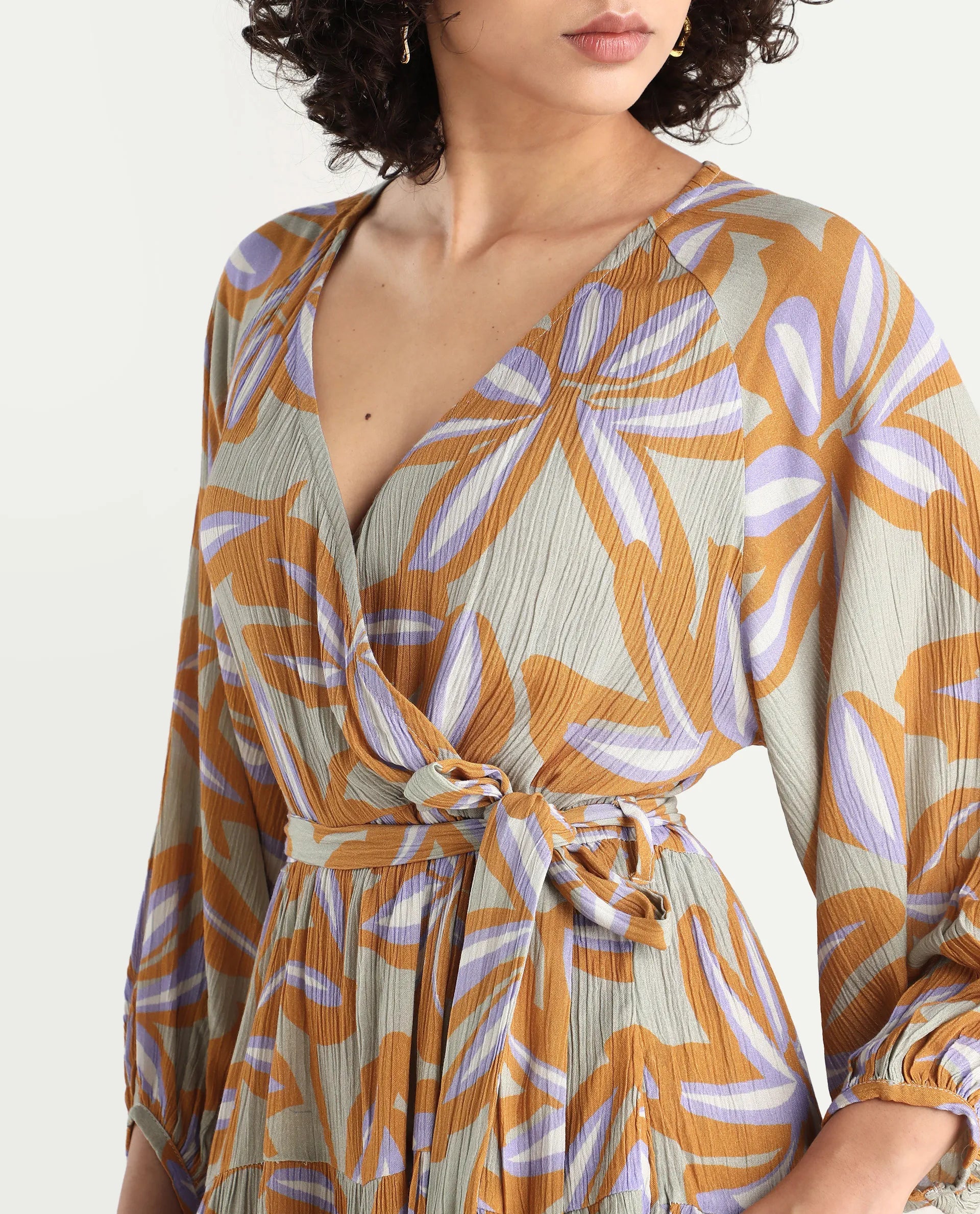 Rareism Women's Walter Light Multi Cotton Overlap Neck Abstract Print Raglan Sleeve Mini Fit And Flare Dress