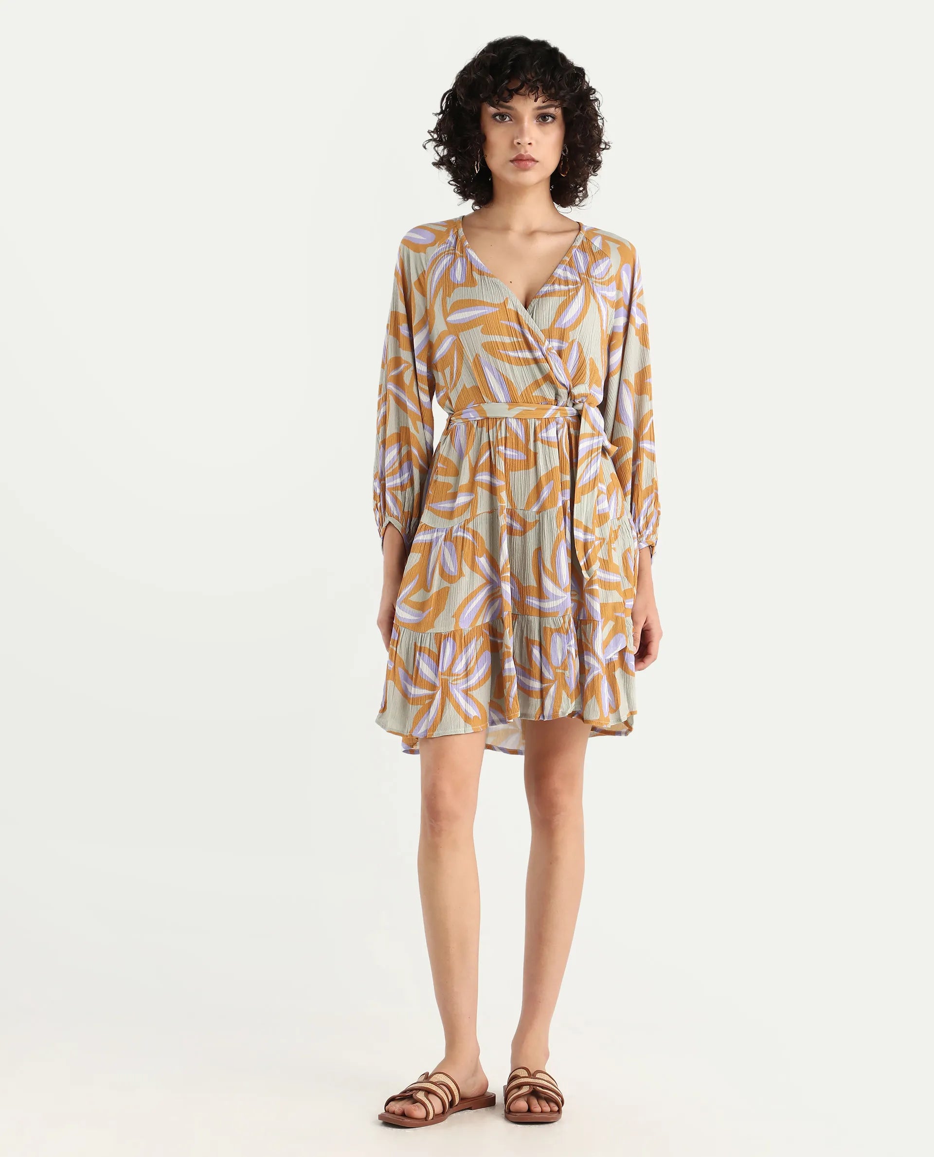 Rareism Women's Walter Light Multi Cotton Overlap Neck Abstract Print Raglan Sleeve Mini Fit And Flare Dress