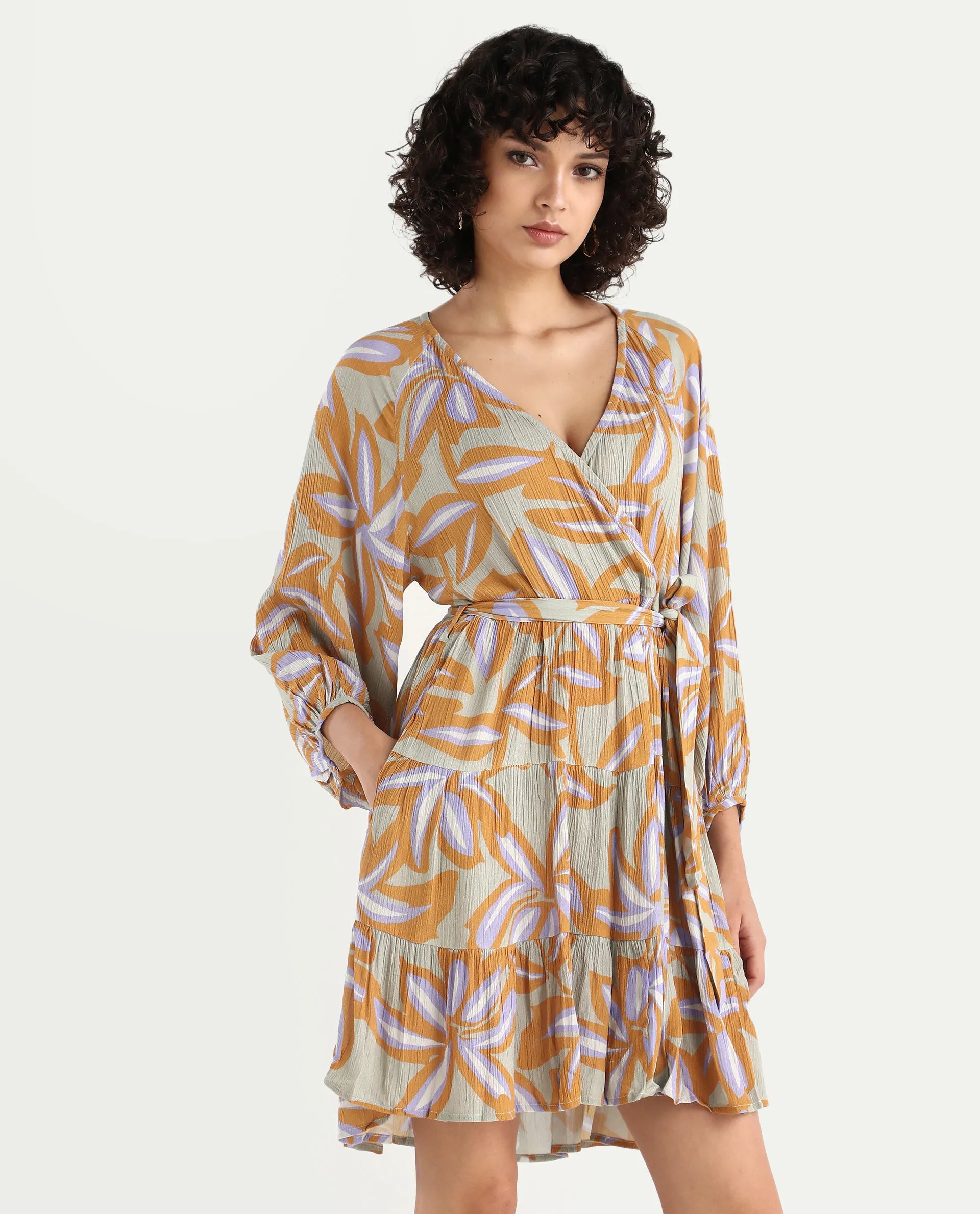 Rareism Women's Walter Light Multi Cotton Overlap Neck Abstract Print Raglan Sleeve Mini Fit And Flare Dress