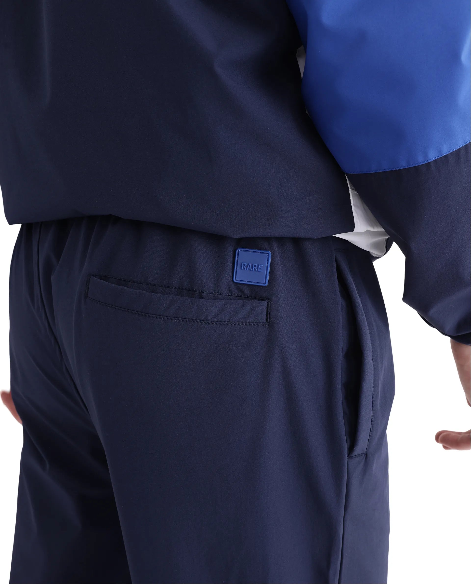 Rare Rabbit Men Wando-B Dark Blue Nylon Polyester Fabric Elasticated Waistband Cut and Sew Track Pant