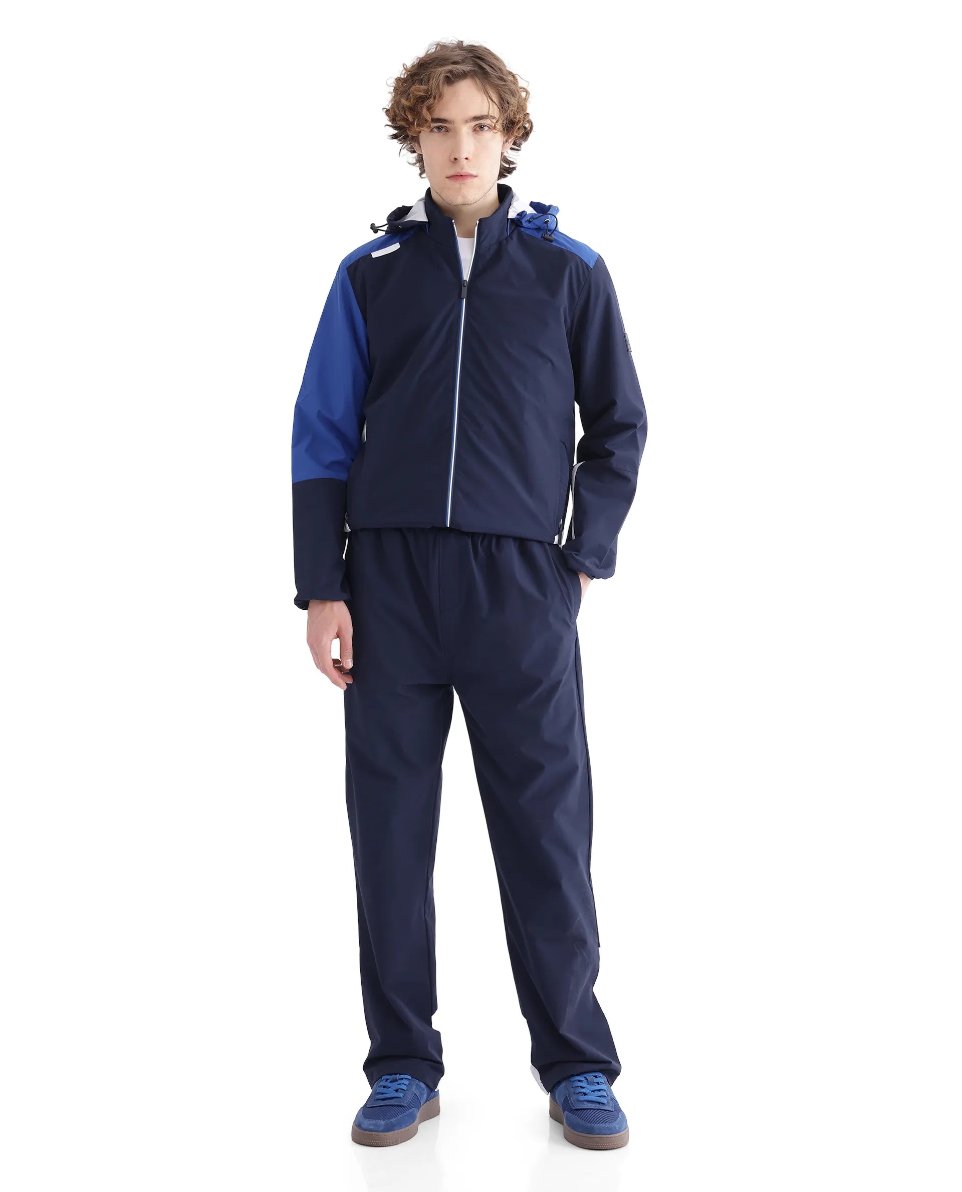 Rare Rabbit Men Wando-B Dark Blue Nylon Polyester Fabric Elasticated Waistband Cut and Sew Track Pant