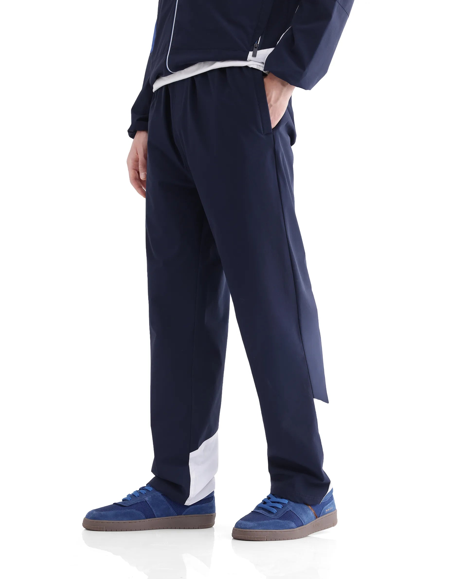 Rare Rabbit Men Wando-B Dark Blue Nylon Polyester Fabric Elasticated Waistband Cut and Sew Track Pant