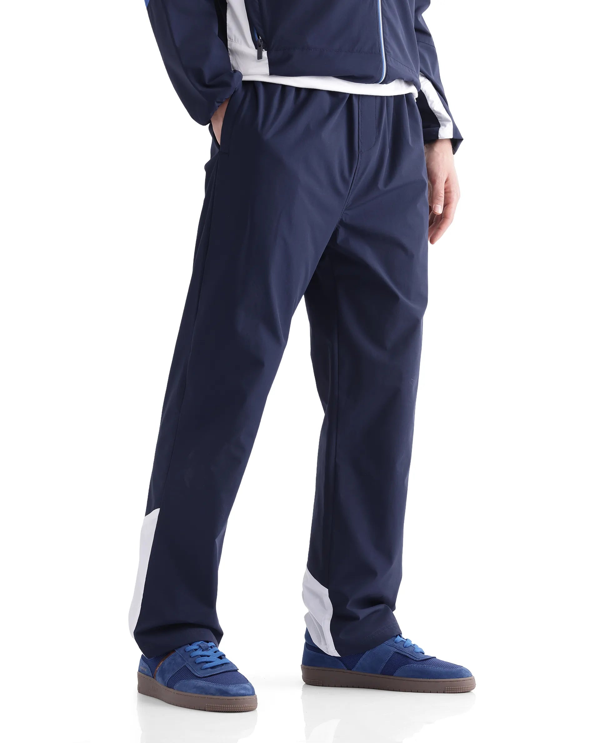 Rare Rabbit Men Wando-B Dark Blue Nylon Polyester Fabric Elasticated Waistband Cut and Sew Track Pant