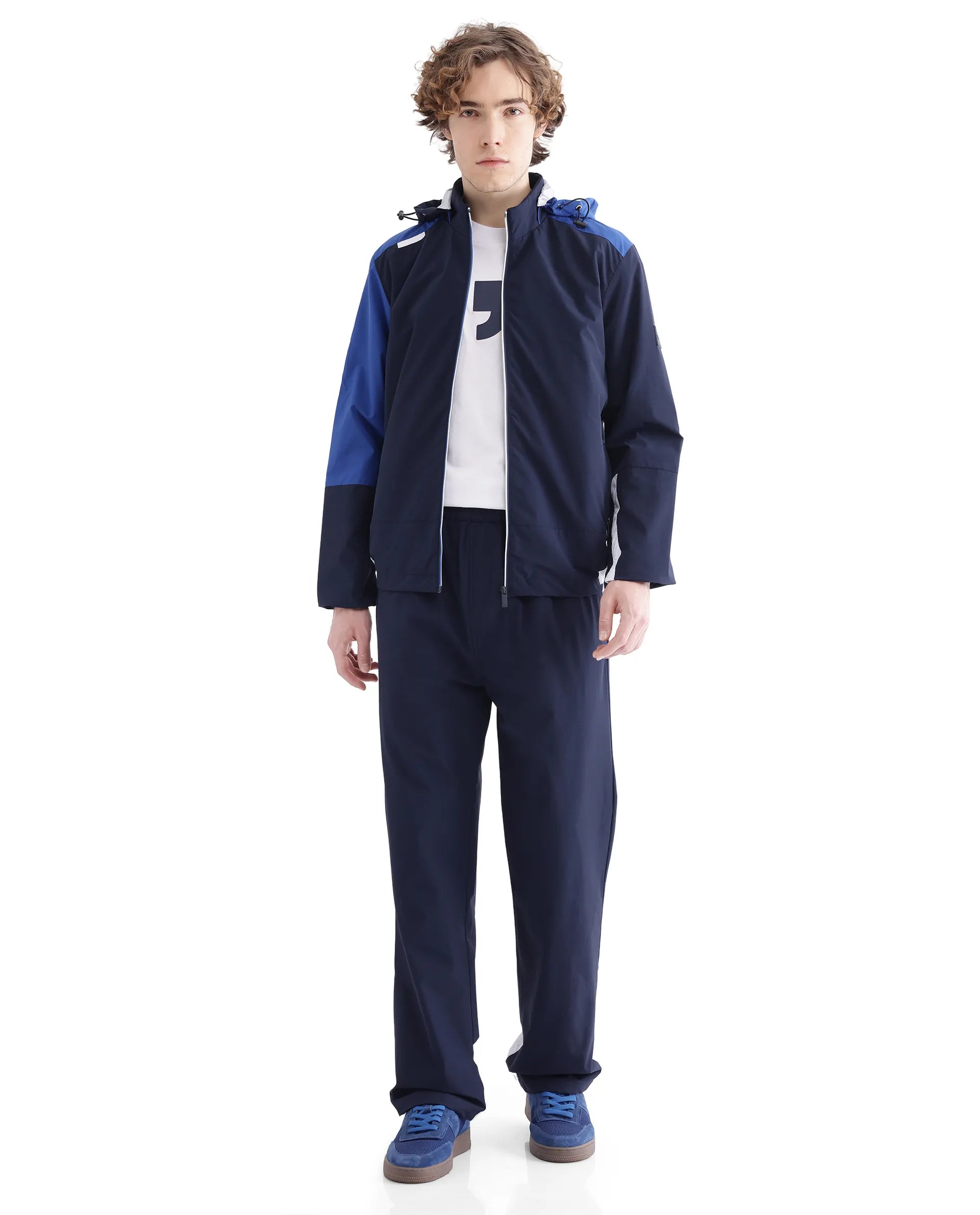 Rare Rabbit Men Wando-B Dark Blue Nylon Polyester Fabric Elasticated Waistband Cut and Sew Track Pant