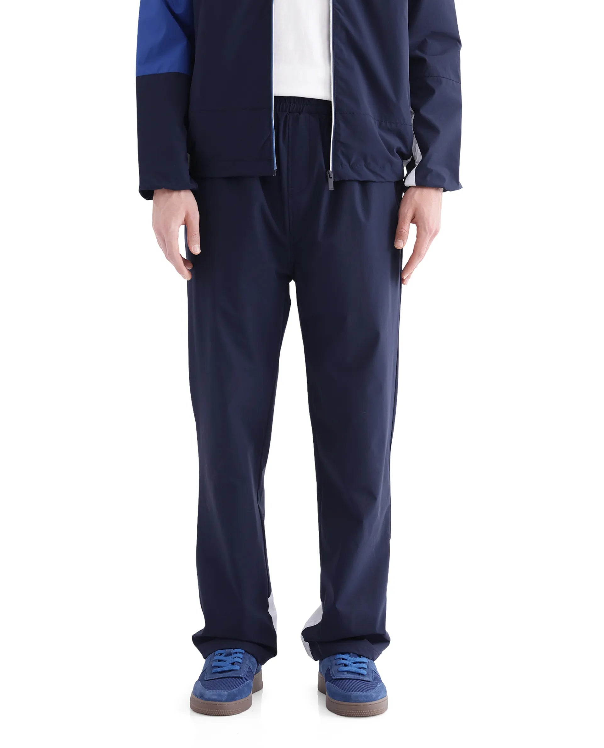 Rare Rabbit Men Wando-B Dark Blue Nylon Polyester Fabric Elasticated Waistband Cut and Sew Track Pant