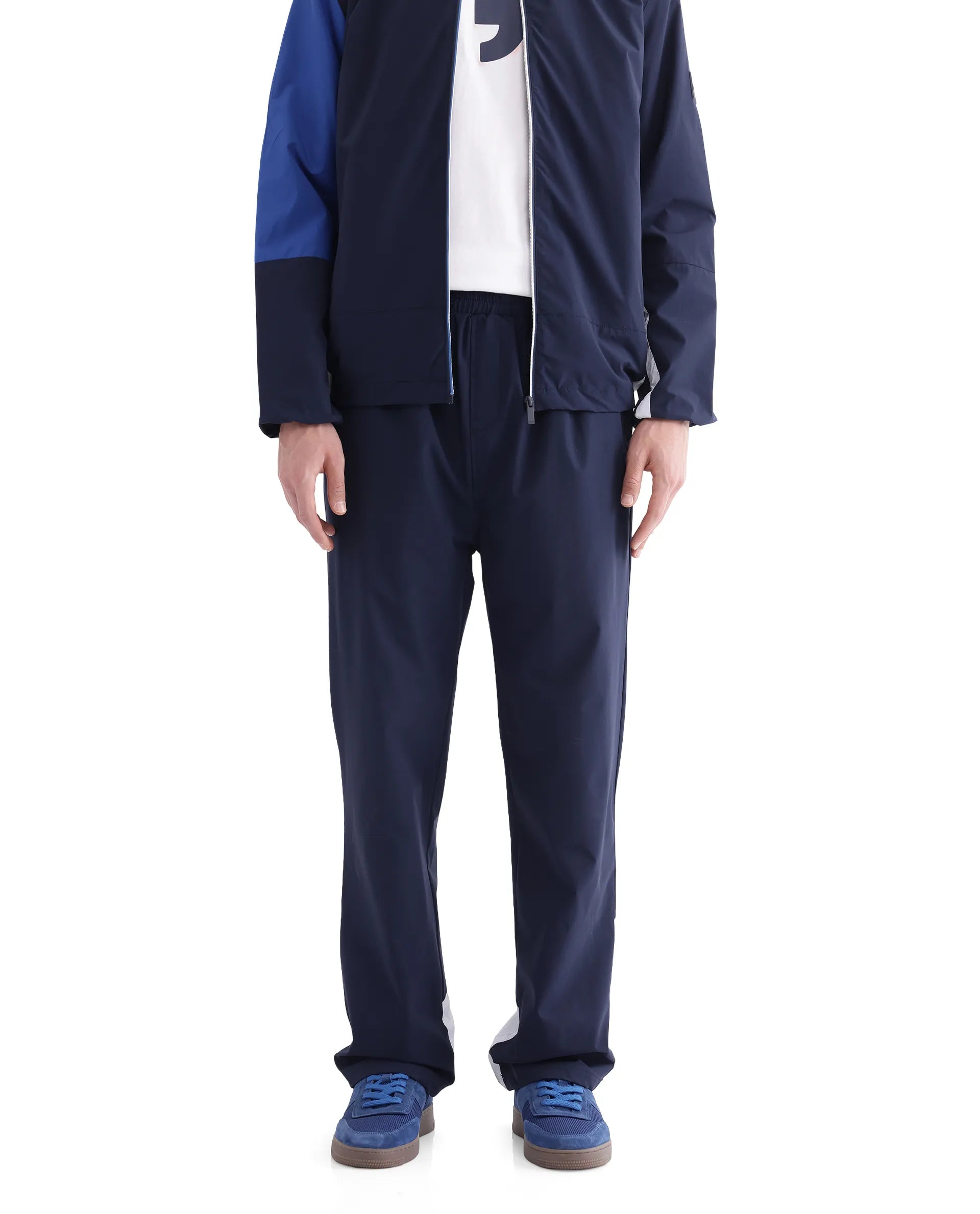 Rare Rabbit Men Wando-B Dark Blue Nylon Polyester Fabric Elasticated Waistband Cut and Sew Track Pant