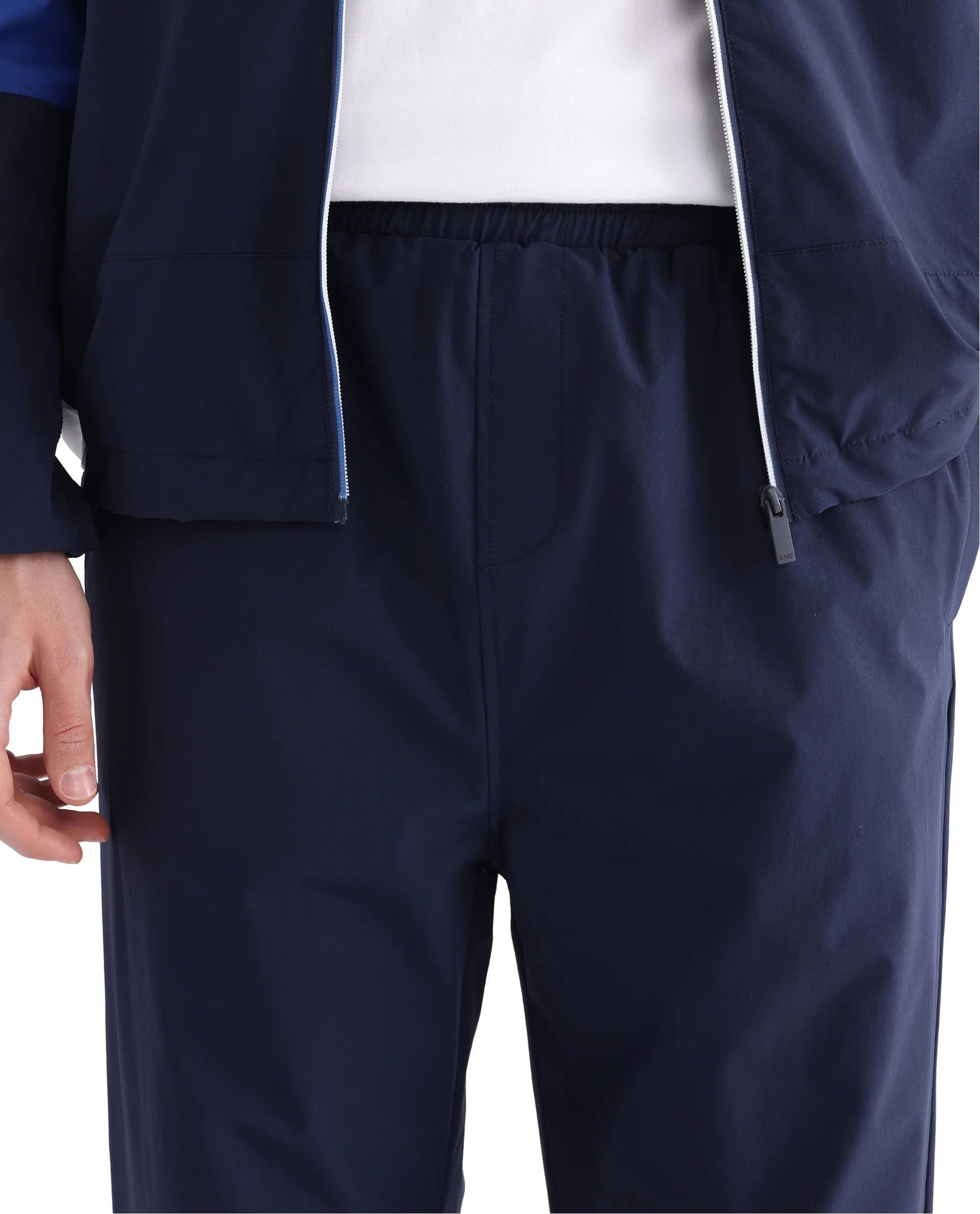 Rare Rabbit Men Wando-B Dark Blue Nylon Polyester Fabric Elasticated Waistband Cut and Sew Track Pant
