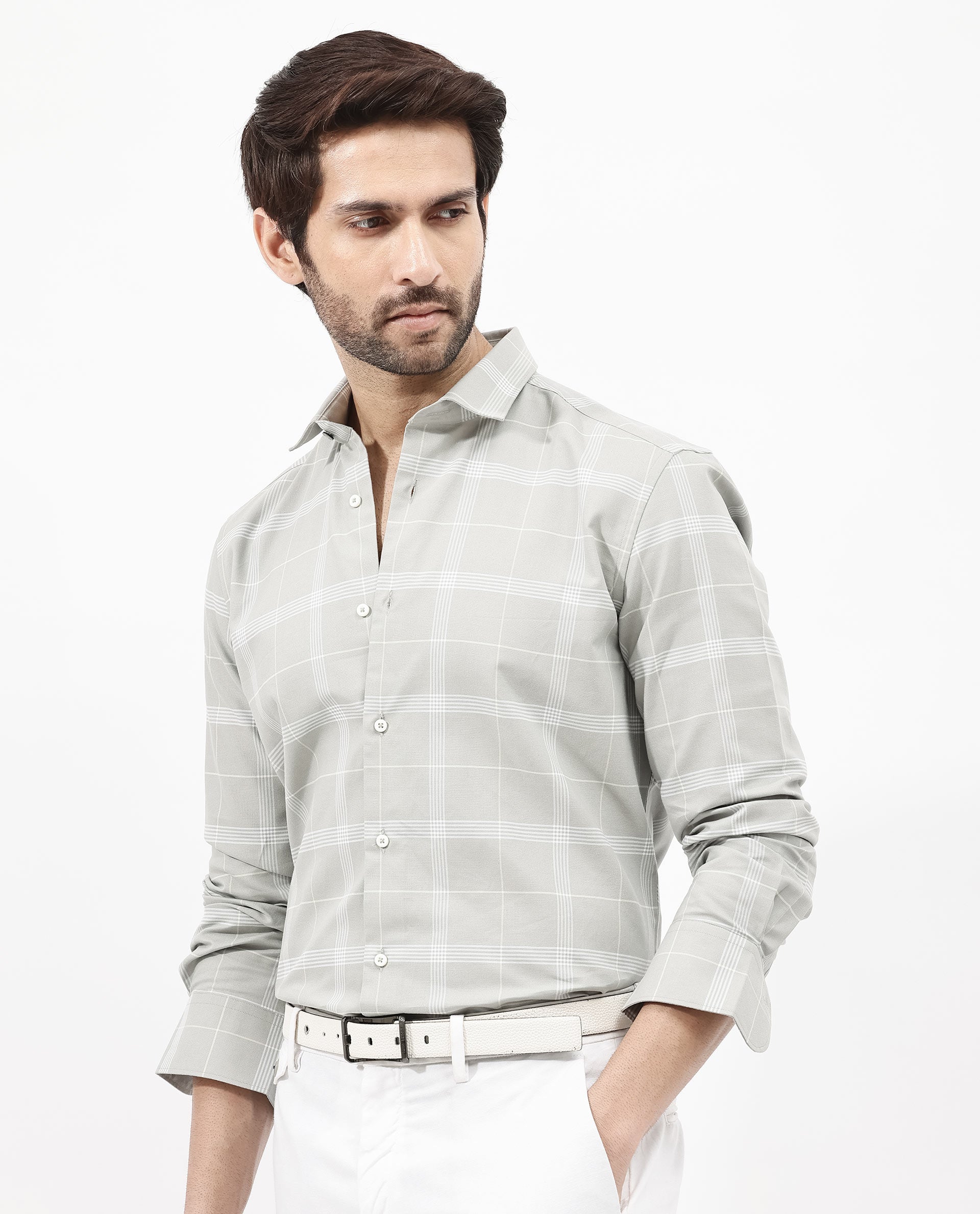 Rare Rabbit Men's Wando Grey Cotton Fabric Full Sleeve Regular Fit Checks Shirt