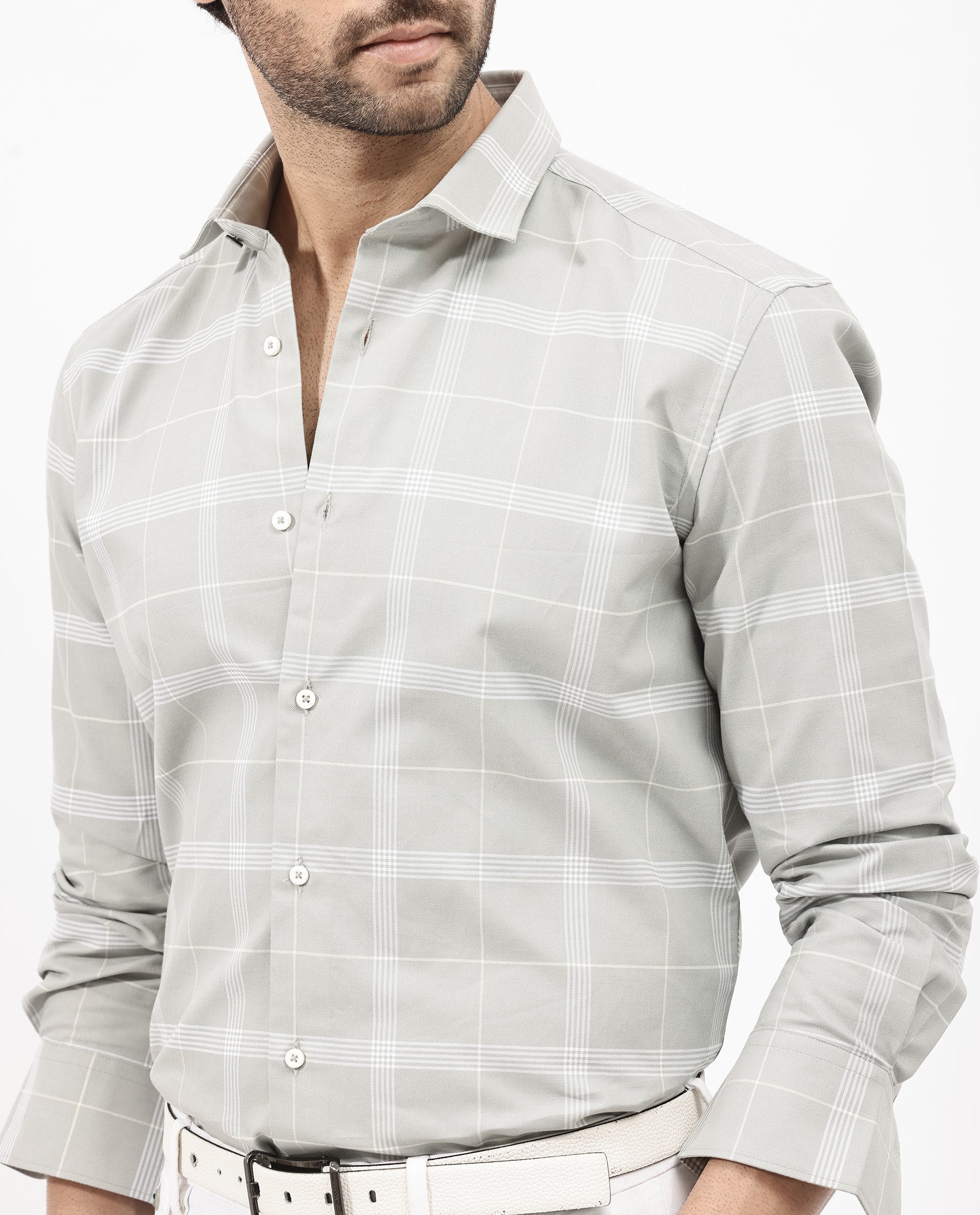 Rare Rabbit Men's Wando Grey Cotton Fabric Full Sleeve Regular Fit Checks Shirt