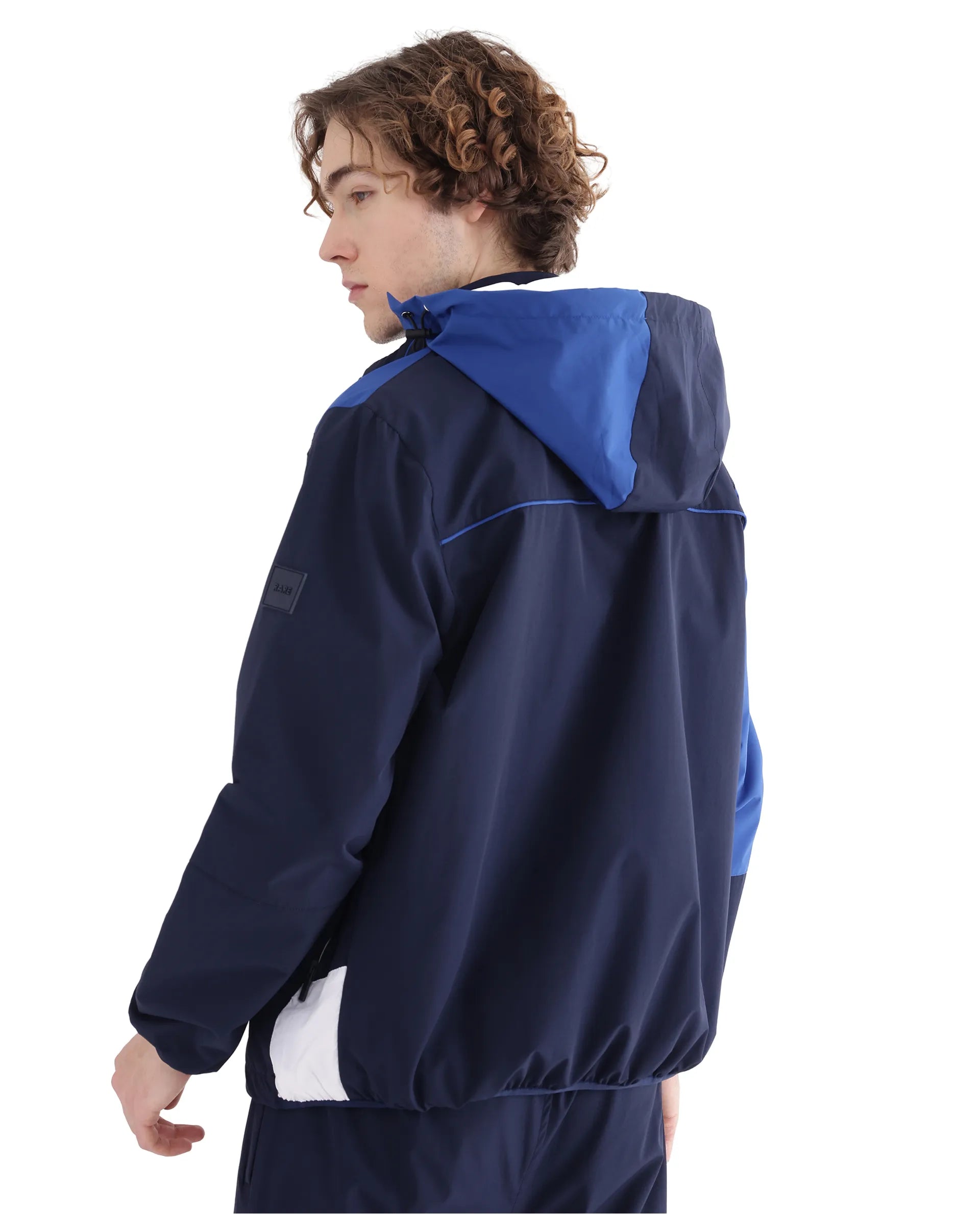 Rare Rabbit Men Wando Dark Blue Polyester Fabric Full Sleeve Hooded Zipper Closure Colorblock Jacket