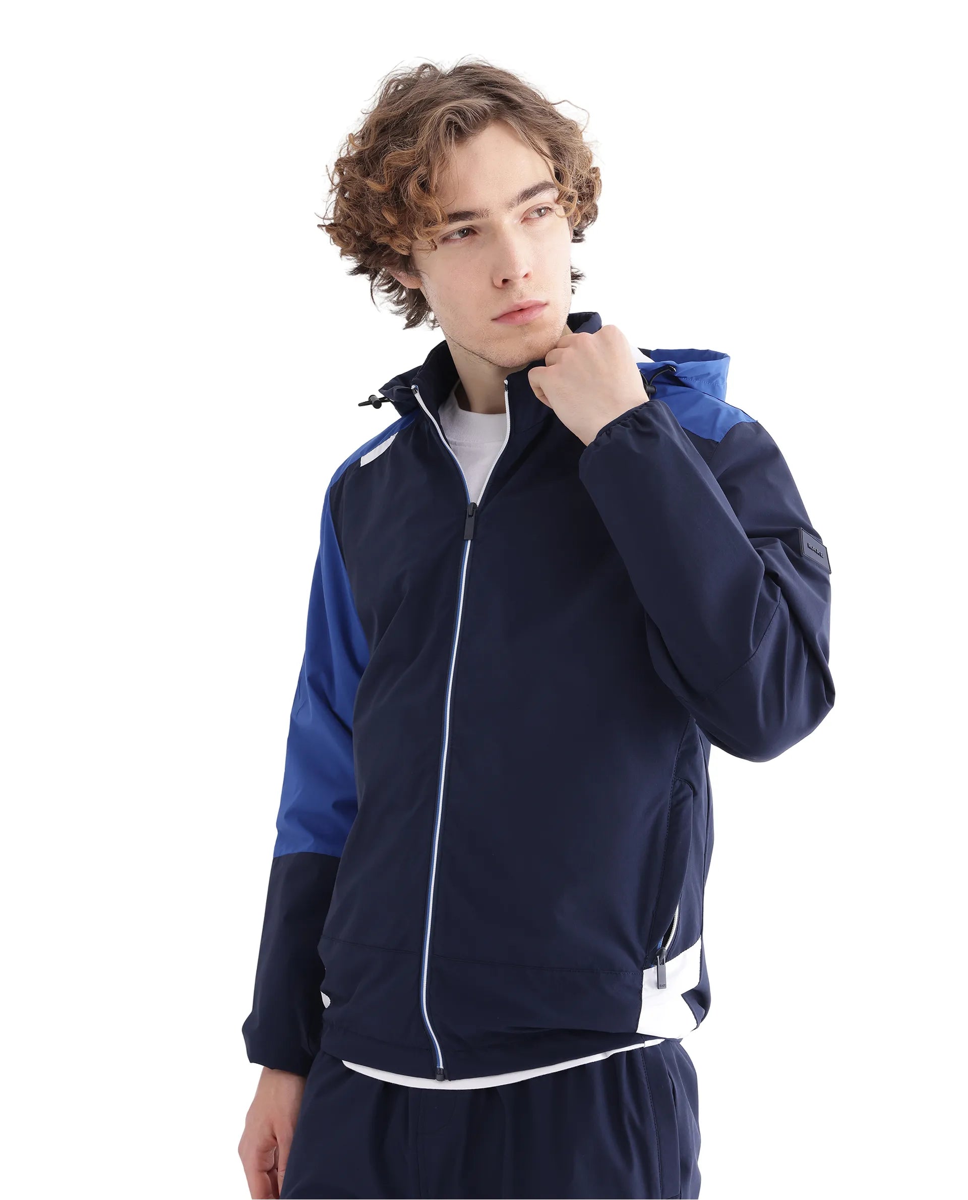 Rare Rabbit Men Wando Dark Blue Polyester Fabric Full Sleeve Hooded Zipper Closure Colorblock Jacket