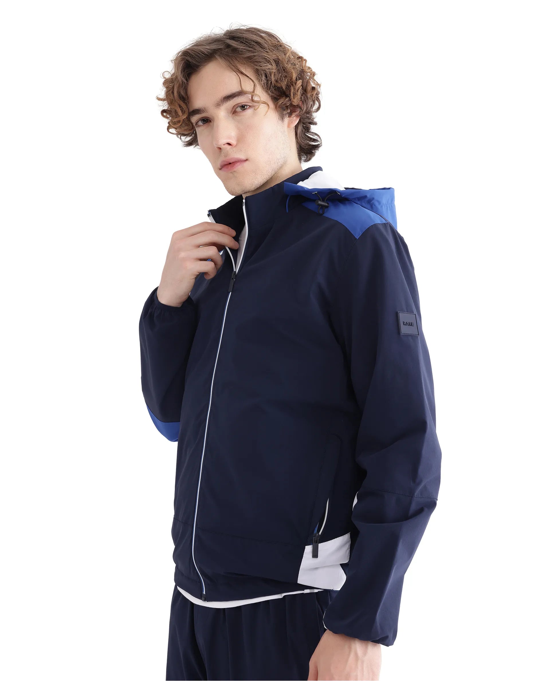 Rare Rabbit Men Wando Dark Blue Polyester Fabric Full Sleeve Hooded Zipper Closure Colorblock Jacket