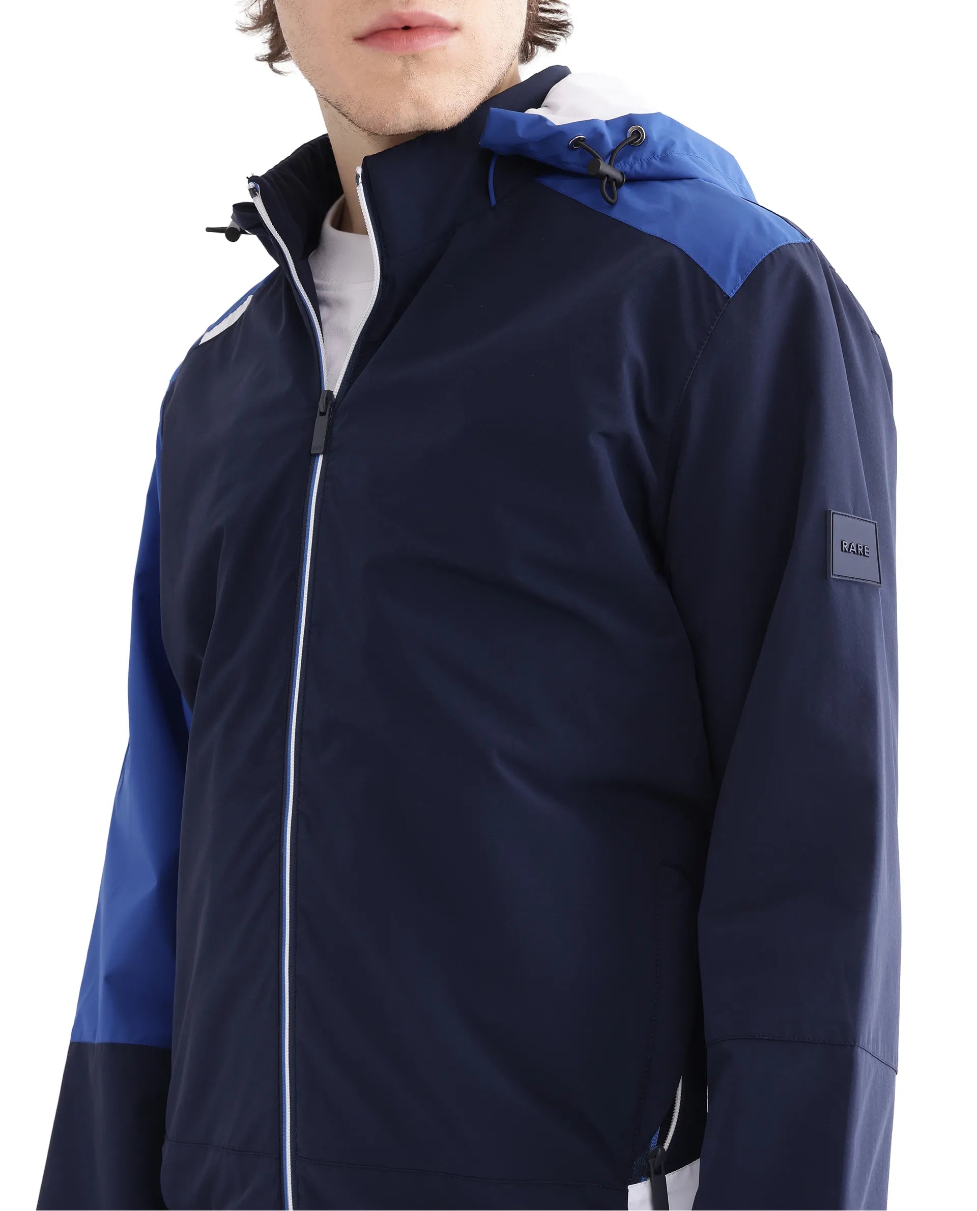 Rare Rabbit Men Wando Dark Blue Polyester Fabric Full Sleeve Hooded Zipper Closure Colorblock Jacket