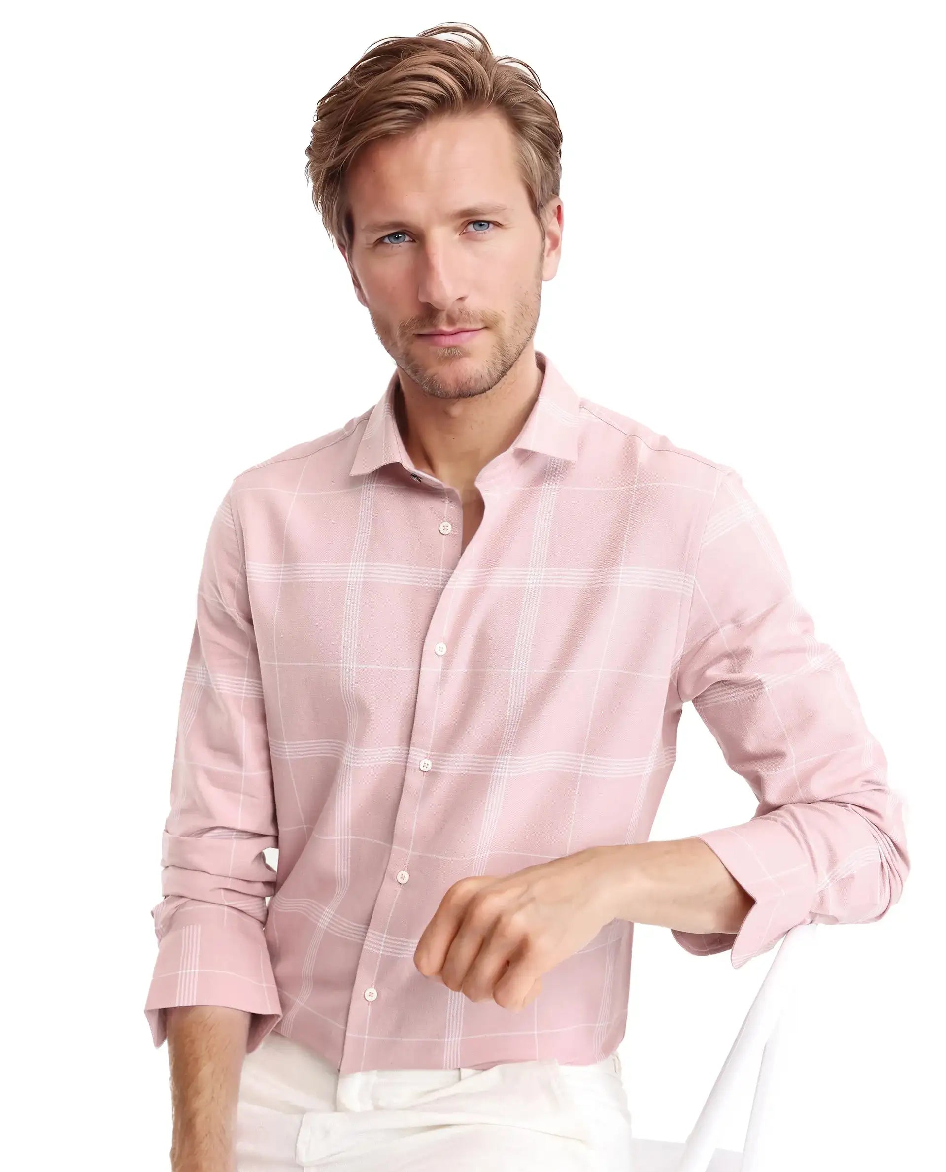 Rare Rabbit Men's Wando Dusky Pink Cotton Fabric Full Sleeve Regular Fit Checks Shirt