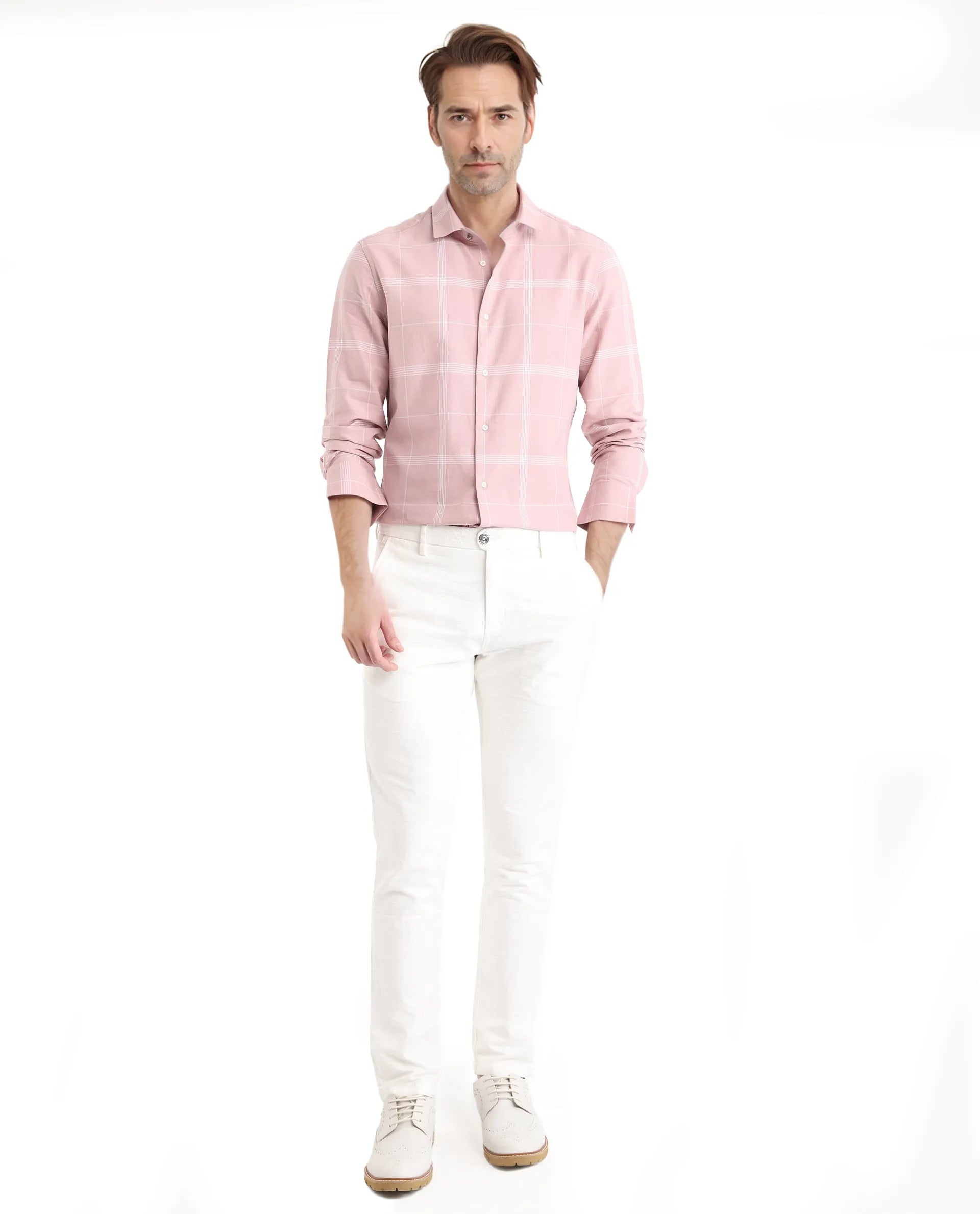 Rare Rabbit Men's Wando Dusky Pink Cotton Fabric Full Sleeve Regular Fit Checks Shirt