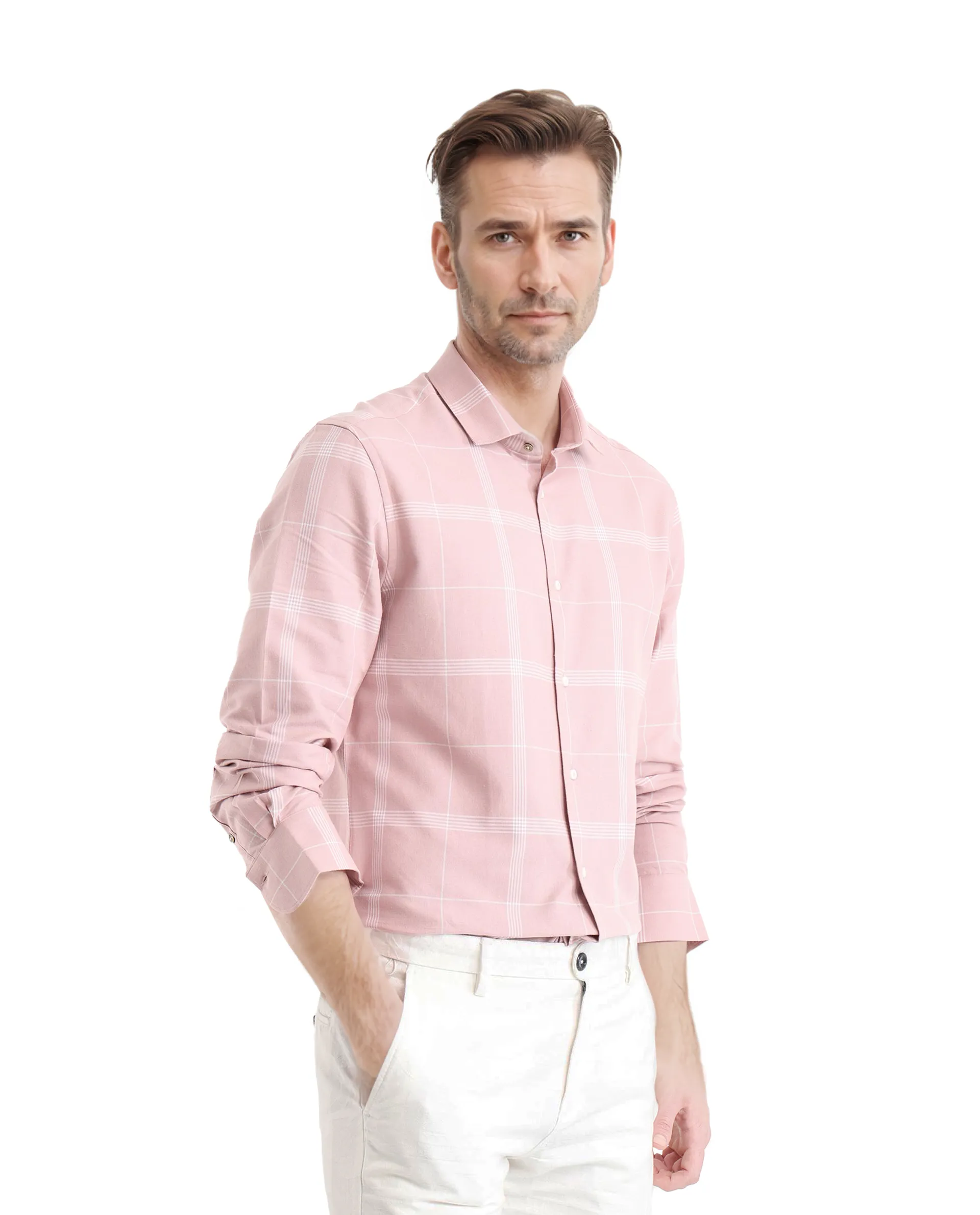 Rare Rabbit Men's Wando Dusky Pink Cotton Fabric Full Sleeve Regular Fit Checks Shirt