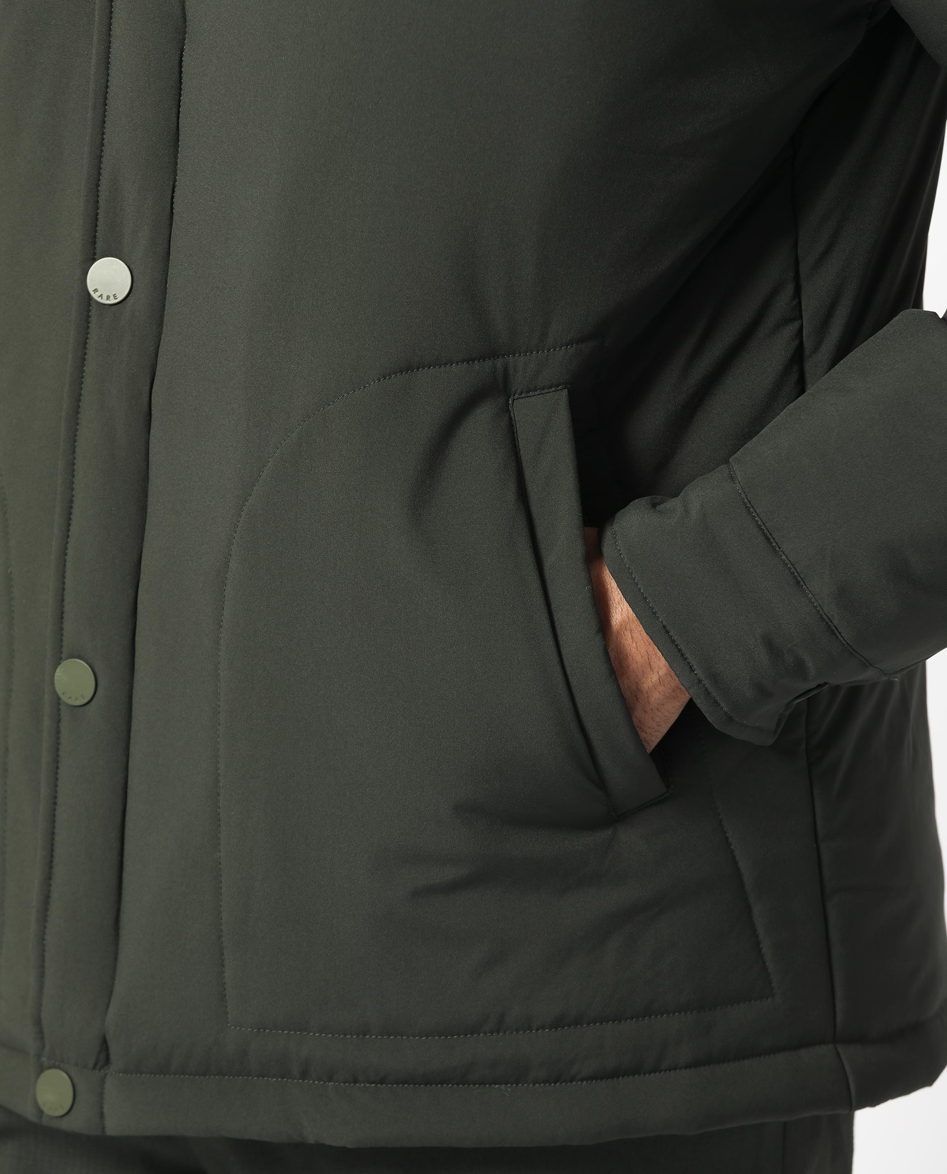 Rare Rabbit Men's Wanza Dark Olive Regular Collar Puffer Jacket