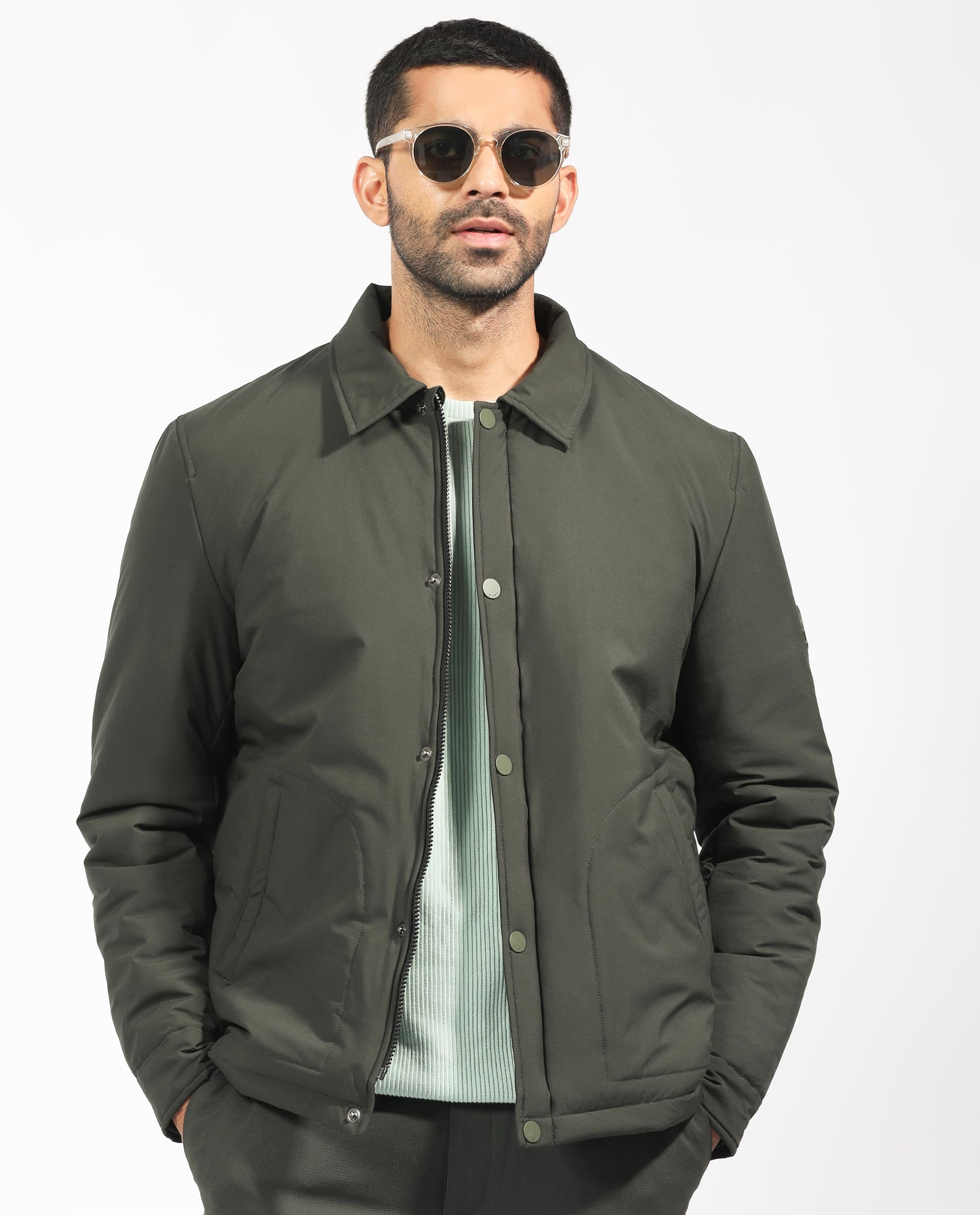 Rare Rabbit Men's Wanza Dark Olive Regular Collar Puffer Jacket