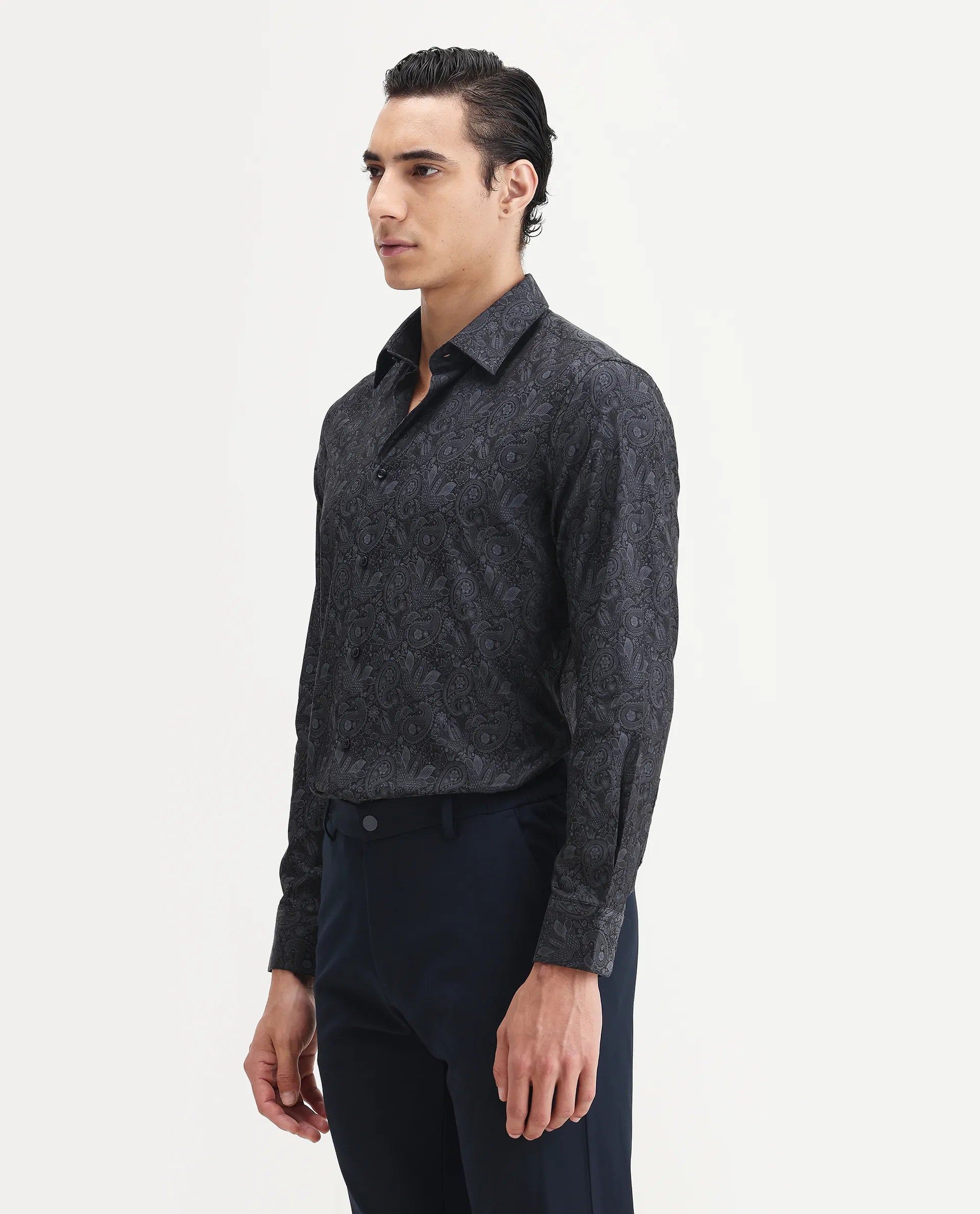 Rare Rabbit Men's Wapi Blue Cotton Blend Fabric Collared Neck Regular Fit Paisley Print Shirt