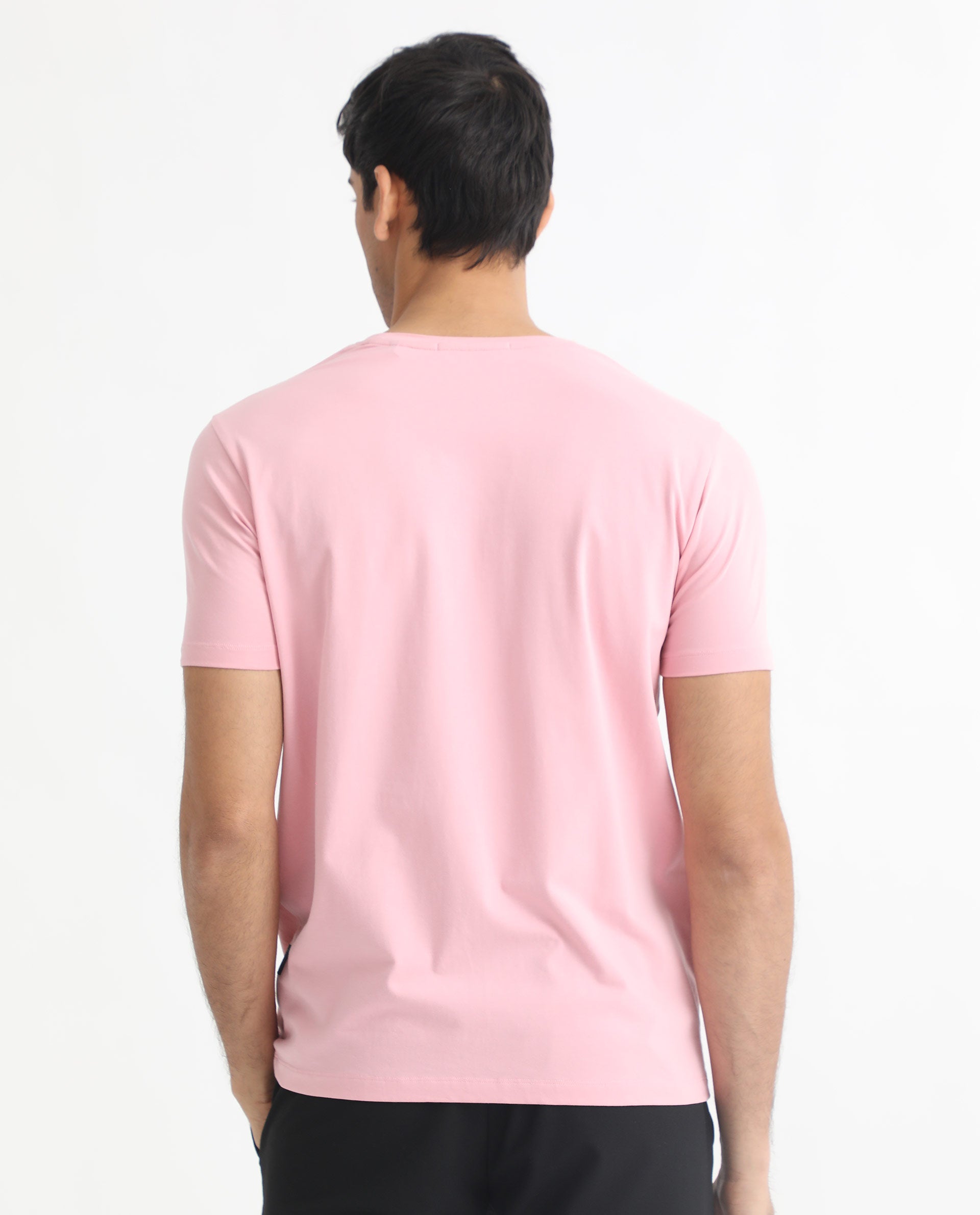 Rare Rabbit Men's Ware Pink Cotton Lycra Fabric Crew Neck Half Sleeves Regular Fit Embroidered Monogram T-Shirt
