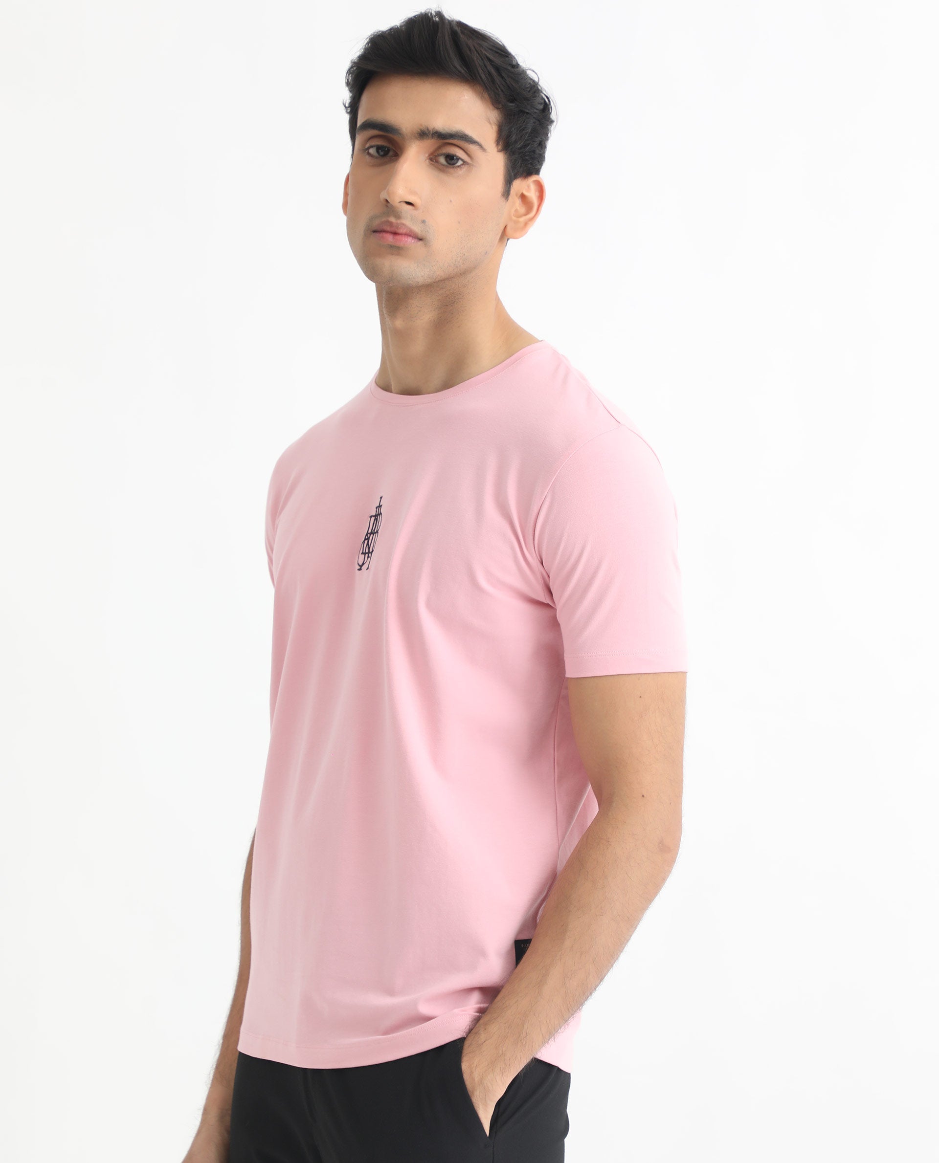 Rare Rabbit Men's Ware Pink Cotton Lycra Fabric Crew Neck Half Sleeves Regular Fit Embroidered Monogram T-Shirt