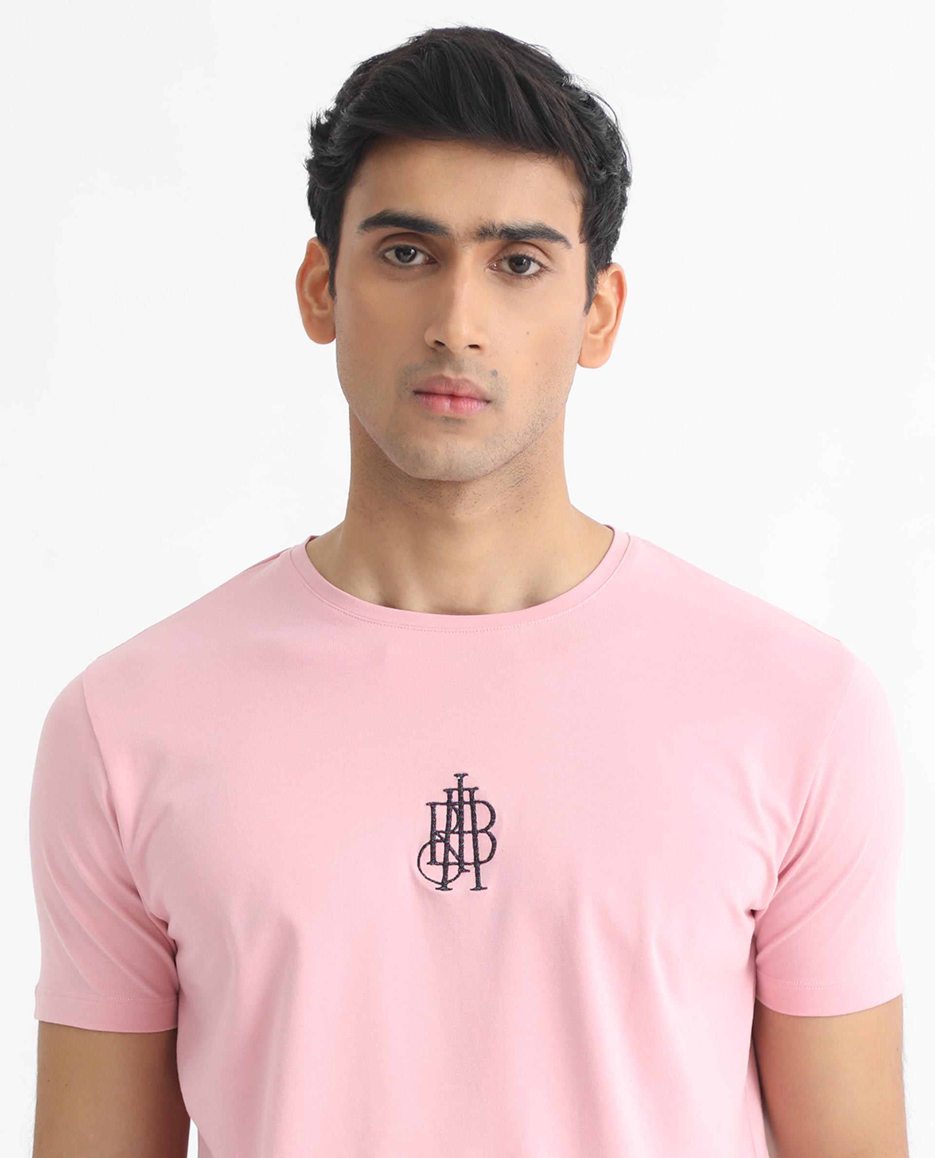 Rare Rabbit Men's Ware Pink Cotton Lycra Fabric Crew Neck Half Sleeves Regular Fit Embroidered Monogram T-Shirt