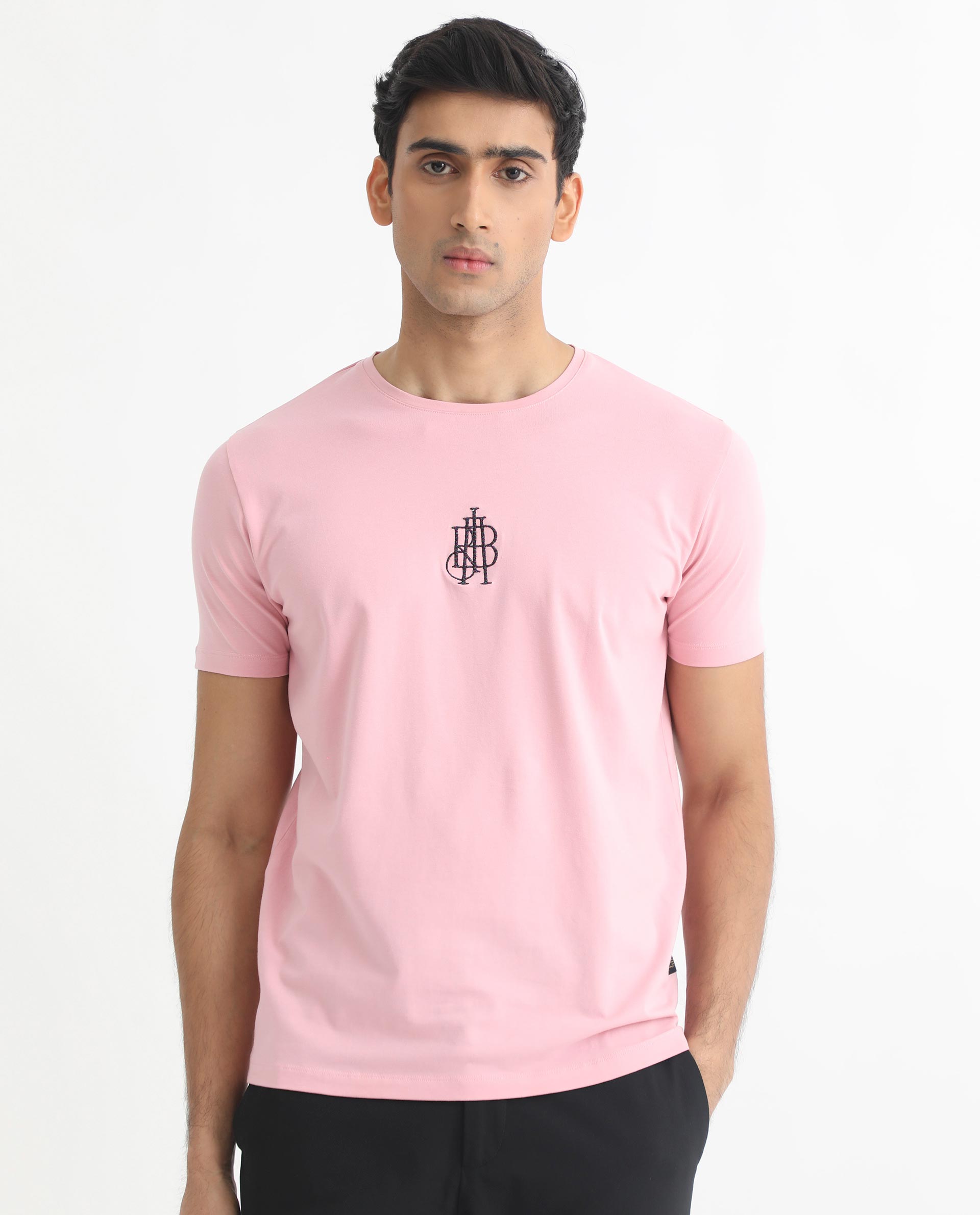 Rare Rabbit Men's Ware Pink Cotton Lycra Fabric Crew Neck Half Sleeves Regular Fit Embroidered Monogram T-Shirt