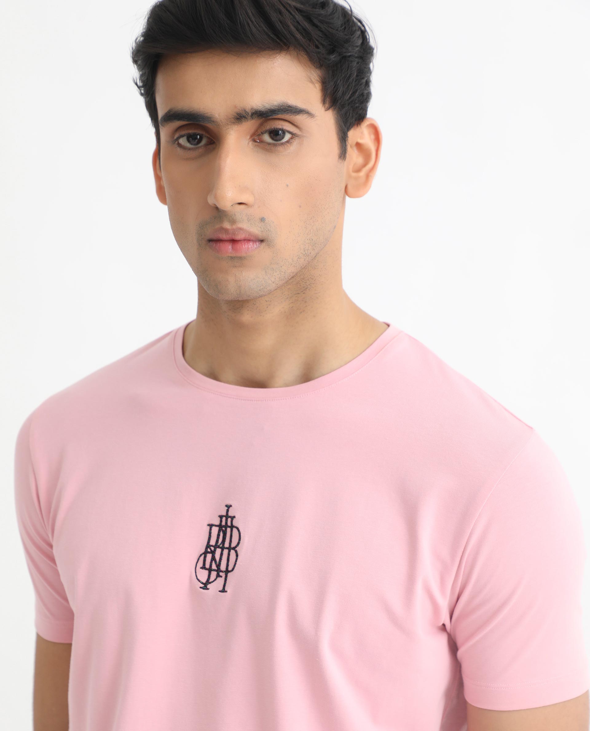 Rare Rabbit Men's Ware Pink Cotton Lycra Fabric Crew Neck Half Sleeves Regular Fit Embroidered Monogram T-Shirt