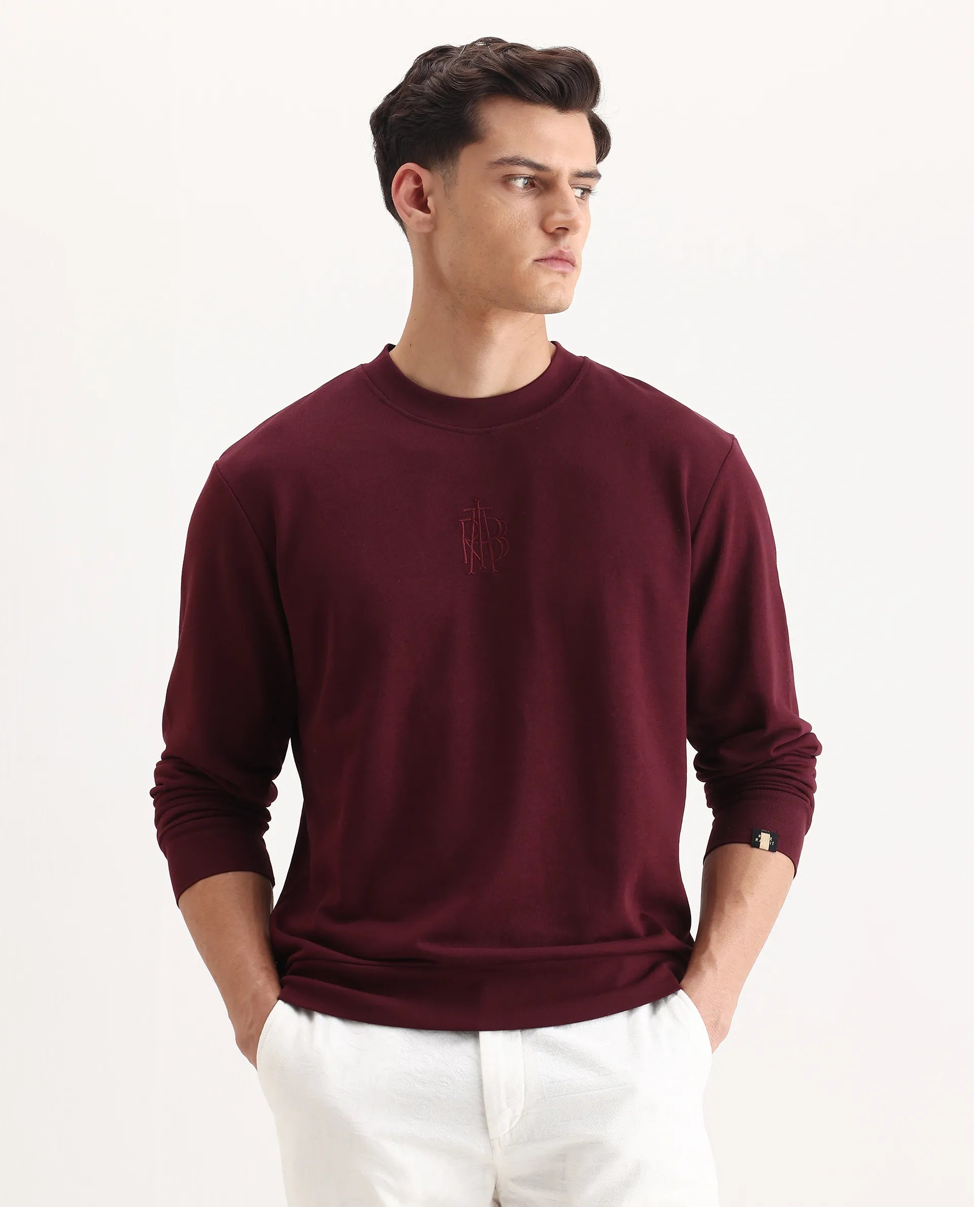 Rare Rabbit Men's Wares Maroon Lurex Embroidered Regular Fit Full Sleeve Crew Neck Sweatshirt
