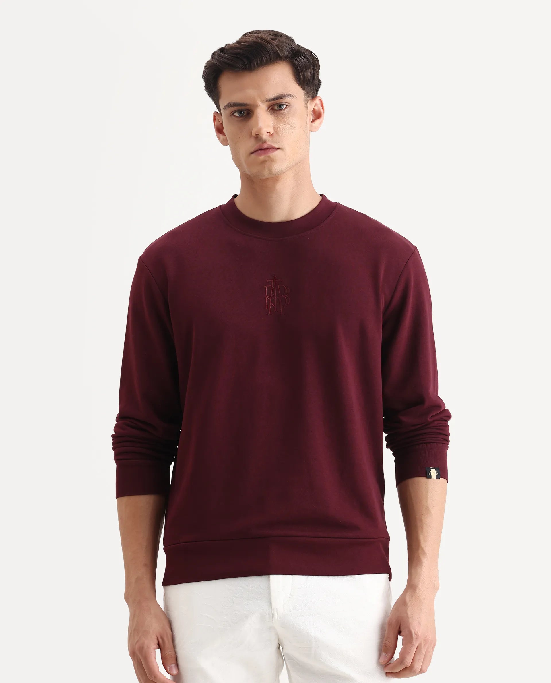 Rare Rabbit Men's Wares Maroon Lurex Embroidered Regular Fit Full Sleeve Crew Neck Sweatshirt