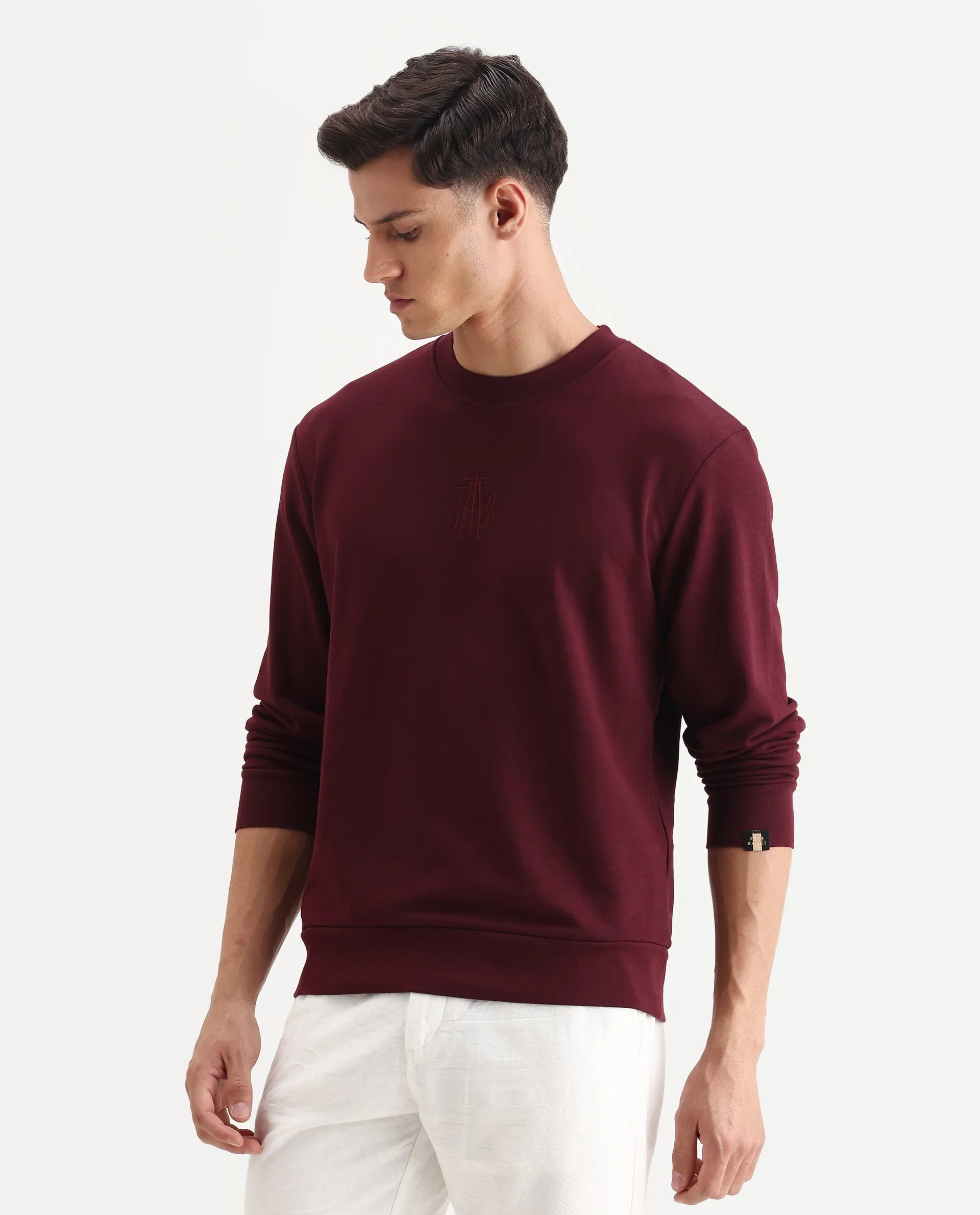 Rare Rabbit Men's Wares Maroon Lurex Embroidered Regular Fit Full Sleeve Crew Neck Sweatshirt
