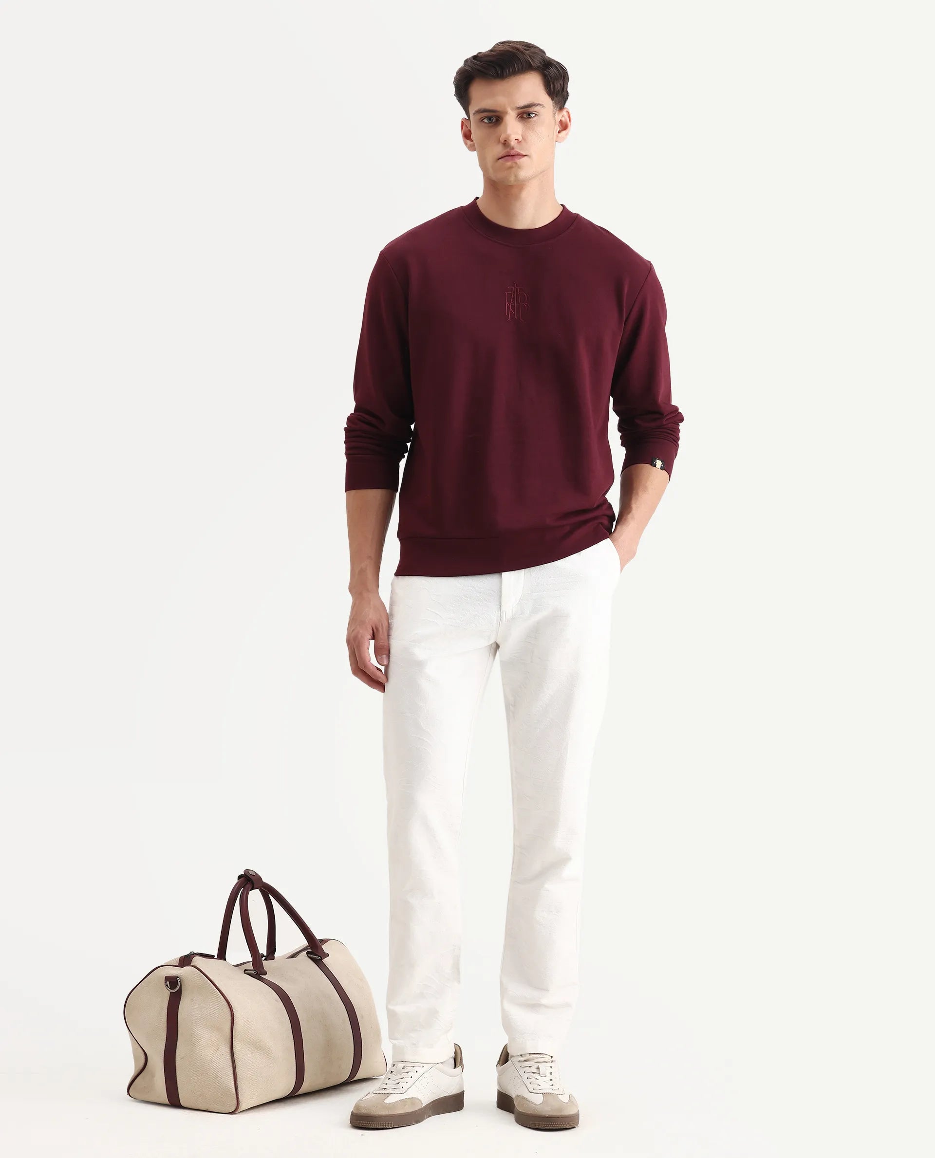 Rare Rabbit Men's Wares Maroon Lurex Embroidered Regular Fit Full Sleeve Crew Neck Sweatshirt