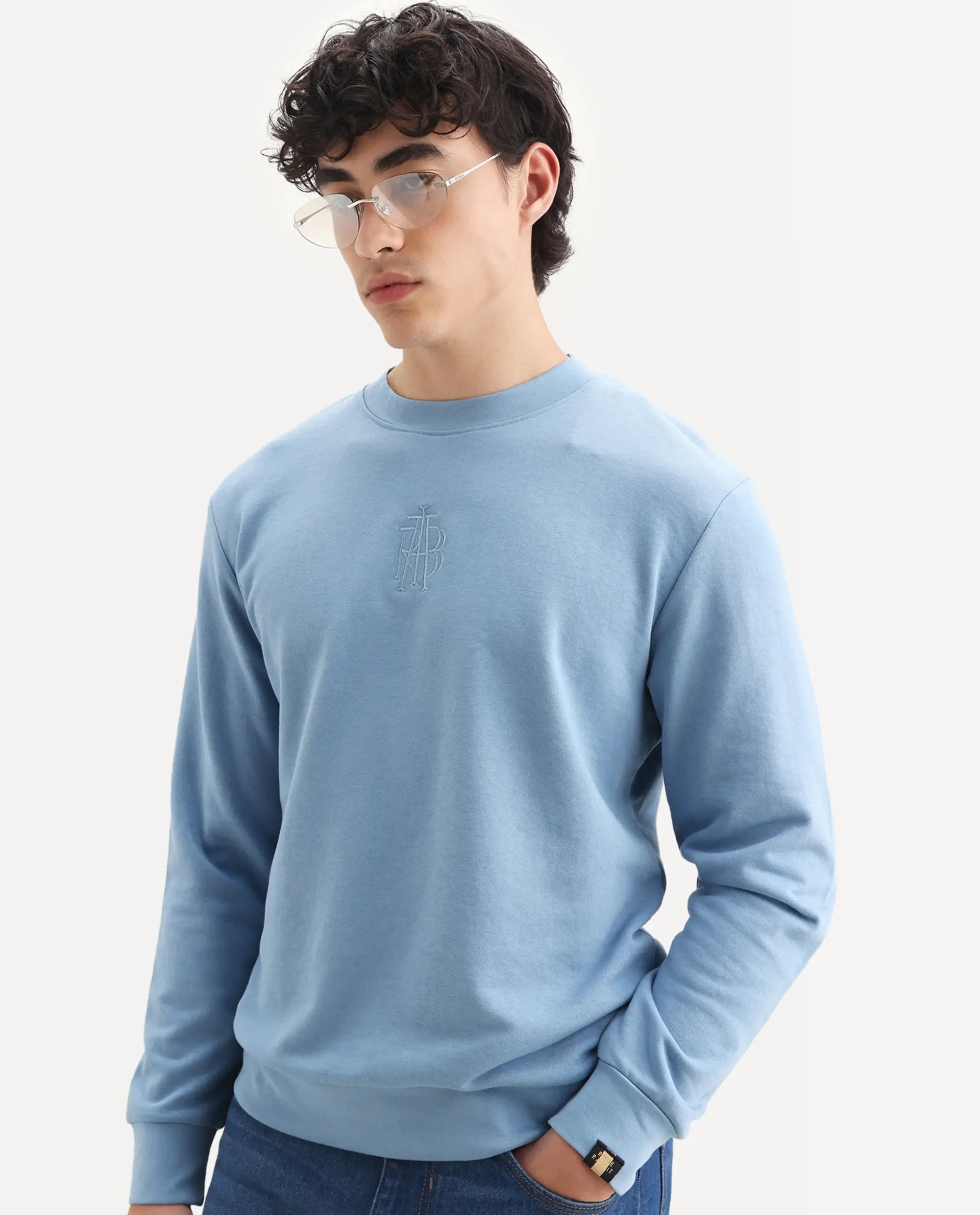 Rare Rabbit Men's Wares Blue Lurex Embroidered Regular Fit Full Sleeve Crew Neck Sweatshirt