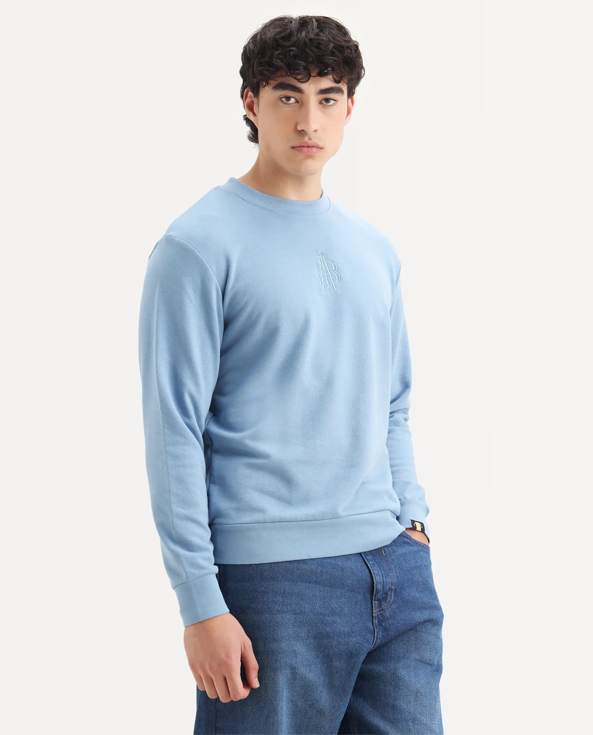 Rare Rabbit Men's Wares Blue Lurex Embroidered Regular Fit Full Sleeve Crew Neck Sweatshirt
